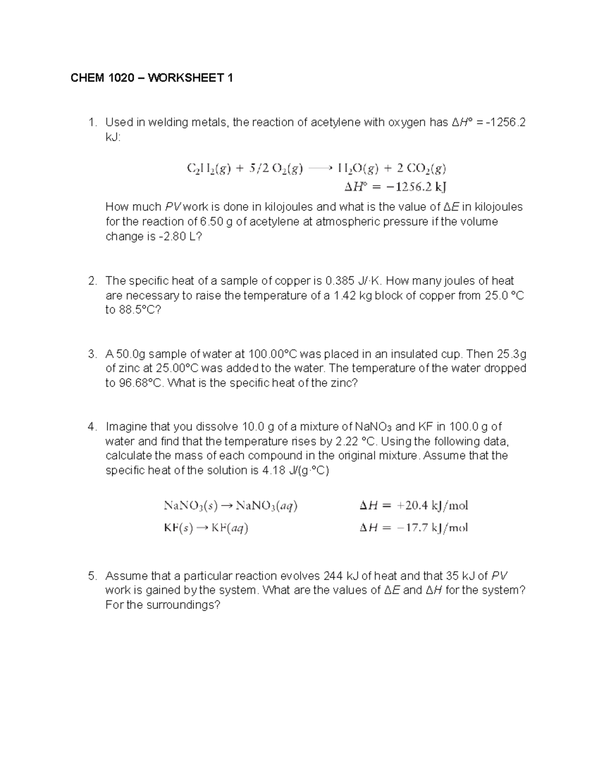 CHEM 1020 - Worksheet 1 - Thermodynamics Practice Problems - Studocu