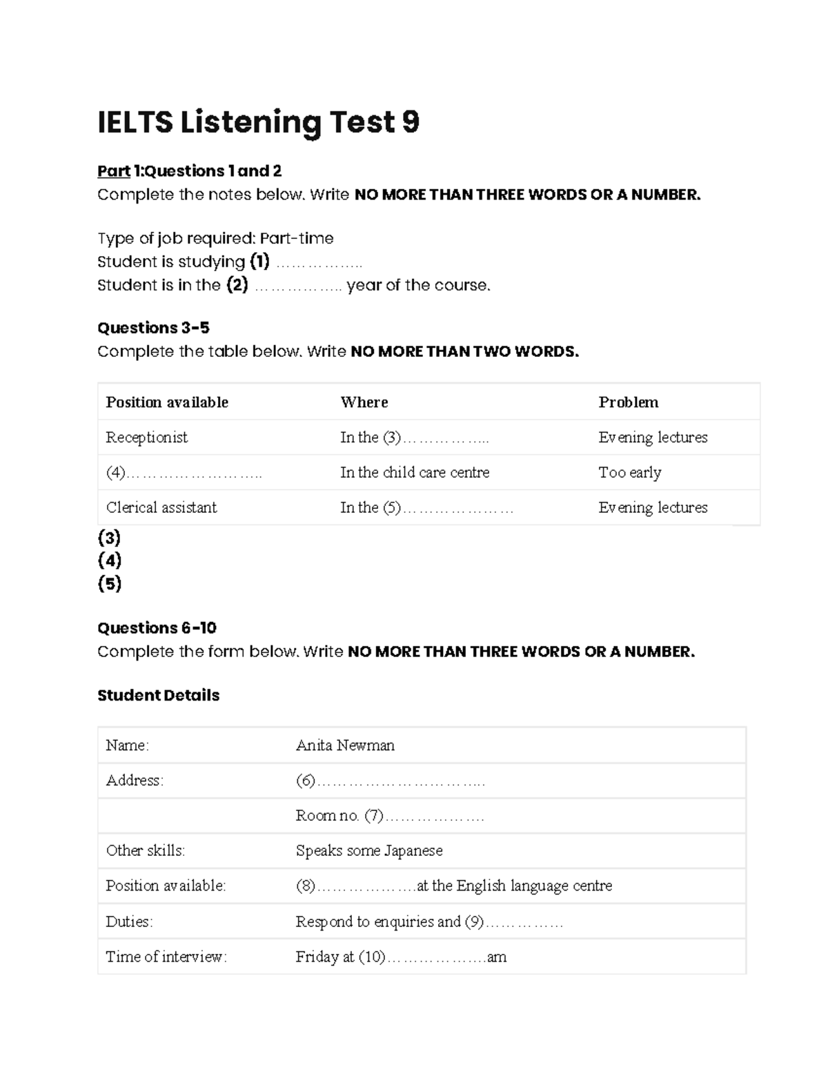 IELTS Listening Test 9: Complete Notes and Questions - Studocu