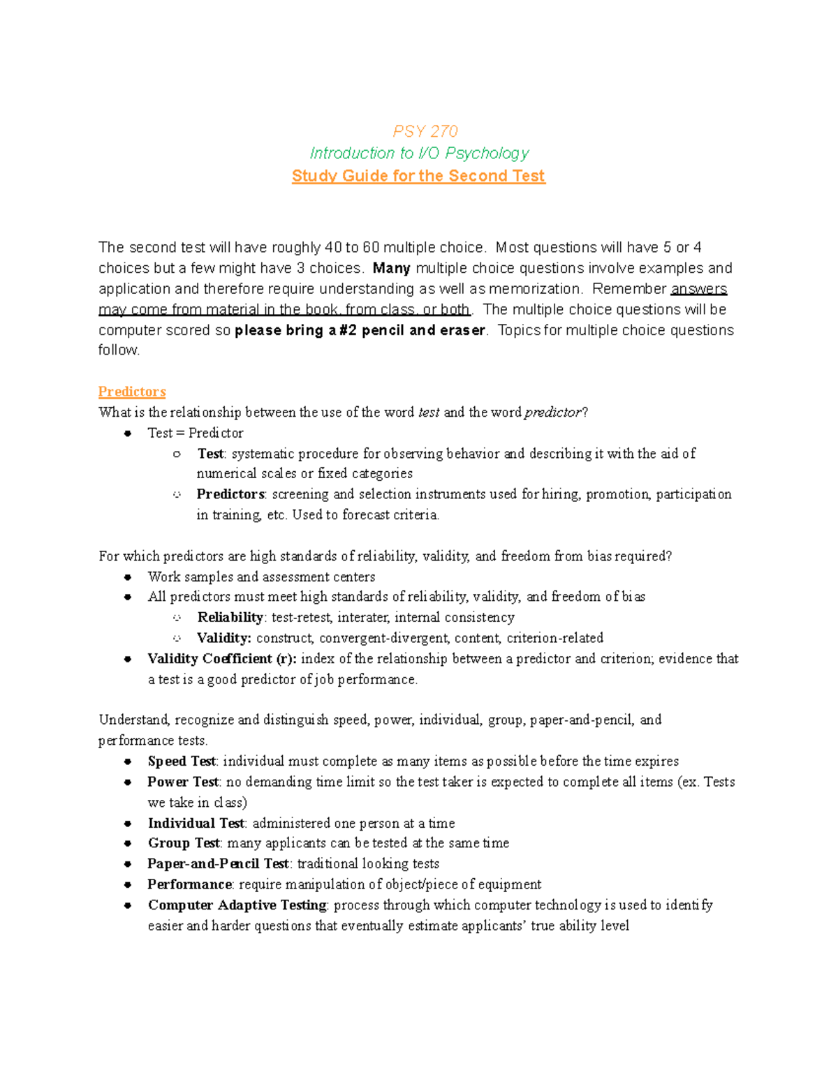 PSY 270 I/O Psychology Study Guide for Exam #2 Final Preparation - Studocu