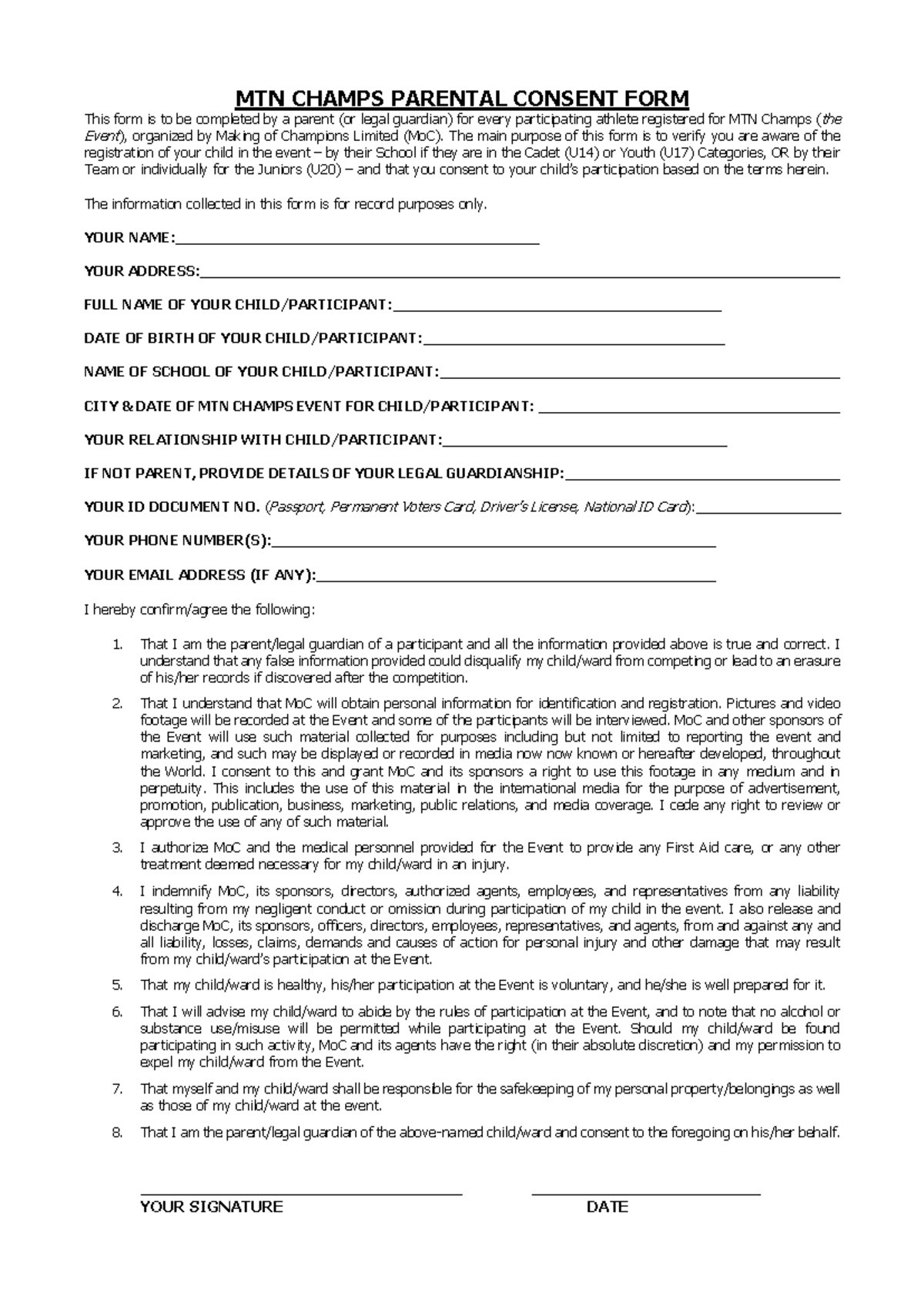 MTN Champs Parental Consent Form for Athlete Participation - Studocu