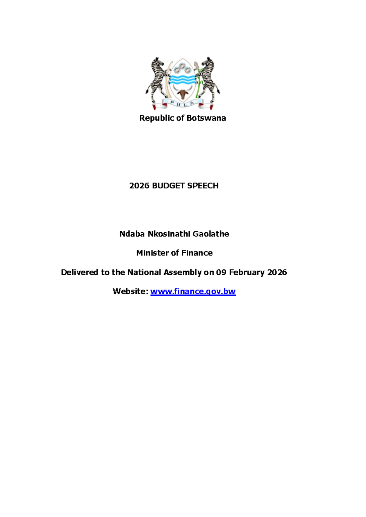 Budget Speech 2026 - Republic of Botswana: Economic Transformation ...