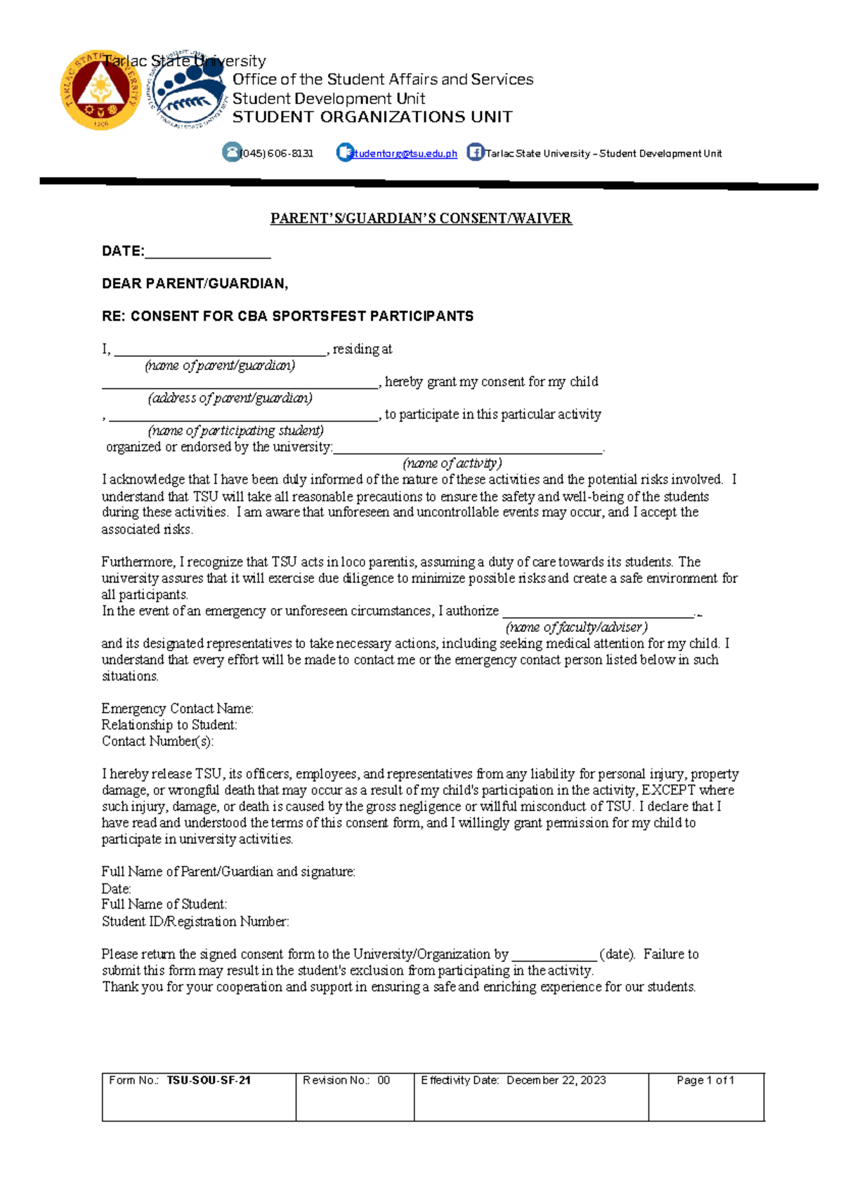 Consent Form for CBA Sportsfest Participants (045) - Studocu