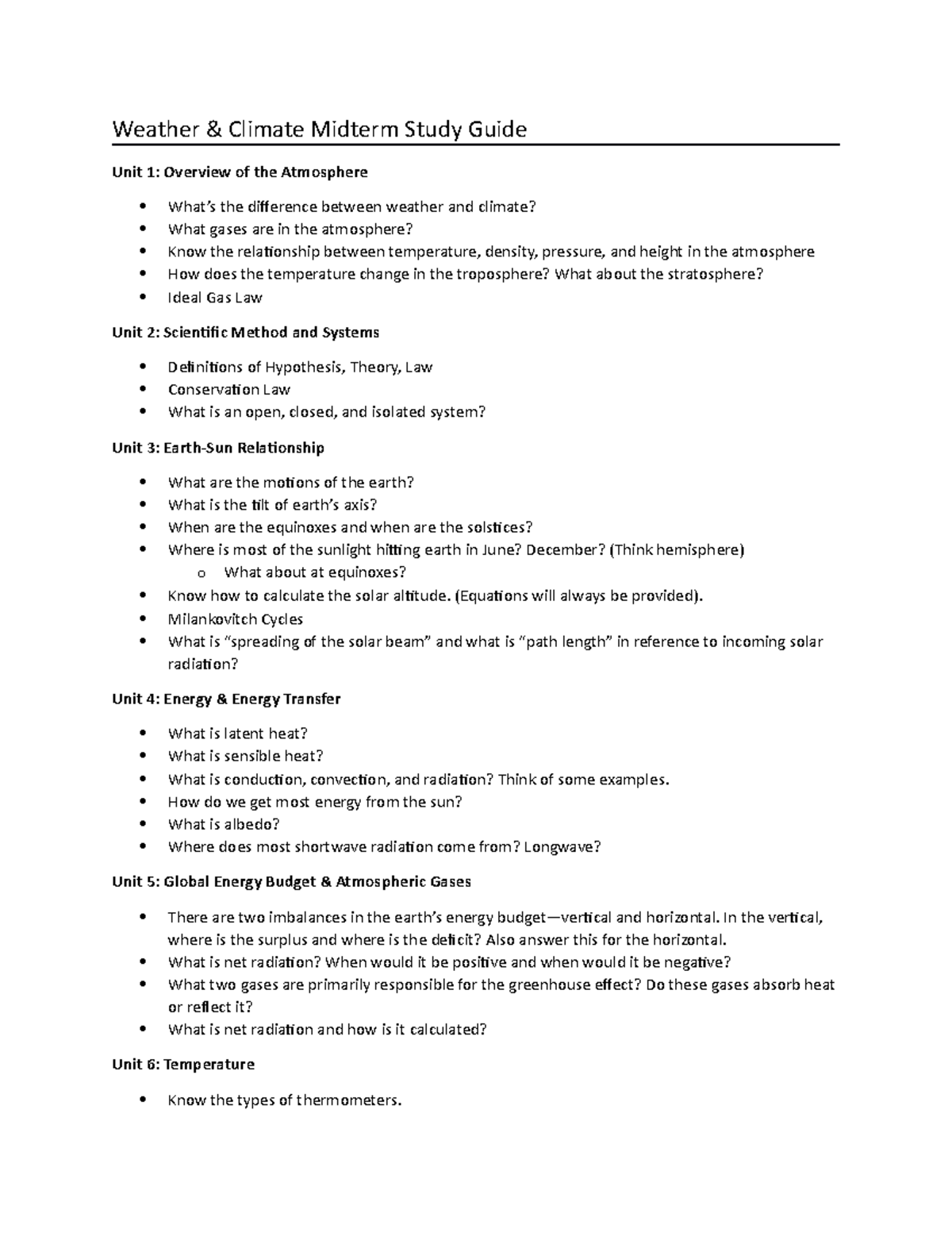 Midterm review doc - Weather & Climate Midterm Study Guide Unit 1 ...
