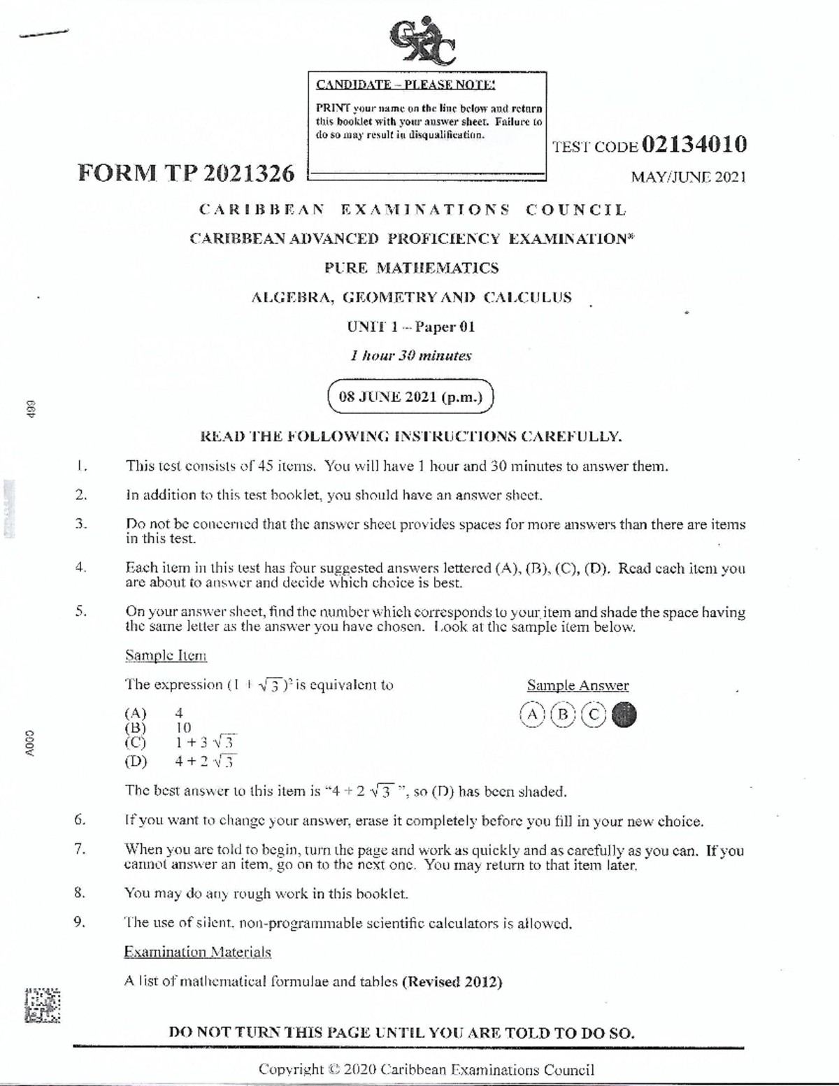 CAPE Pure Mathematics P1 2021 Past Paper Instructions and Questions ...