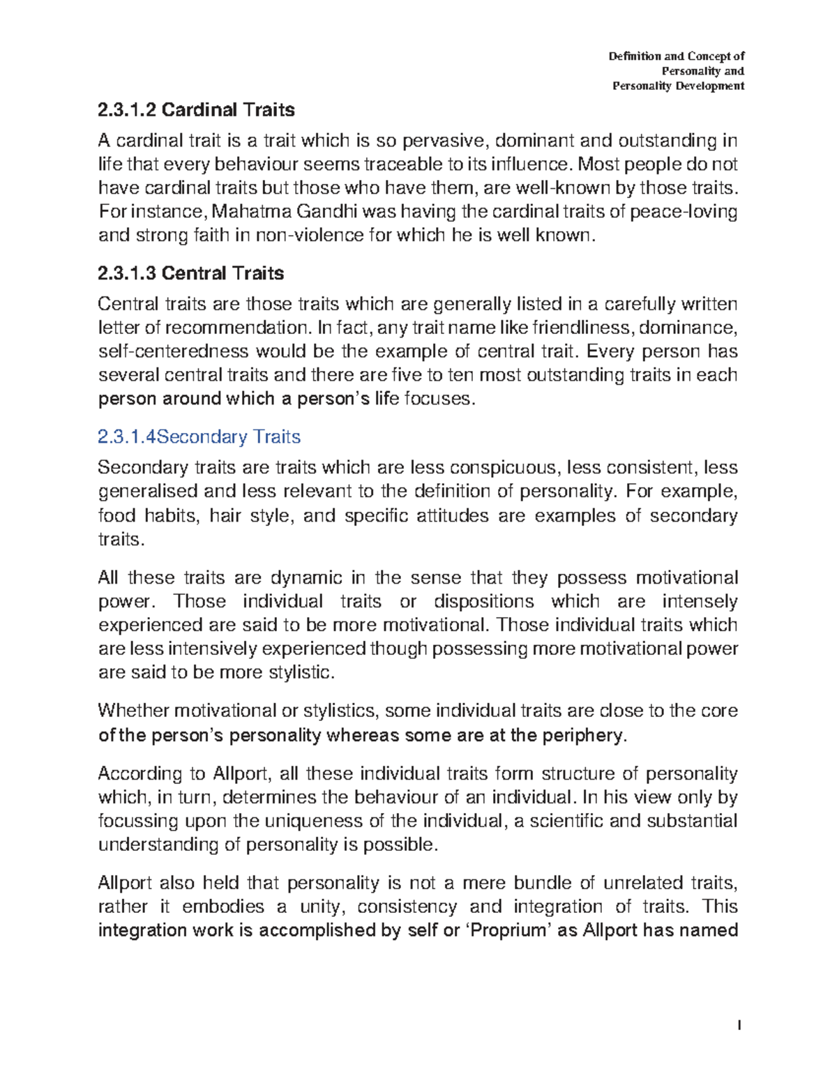Cardinal Traits Summary for Personality Development Studies - Studocu