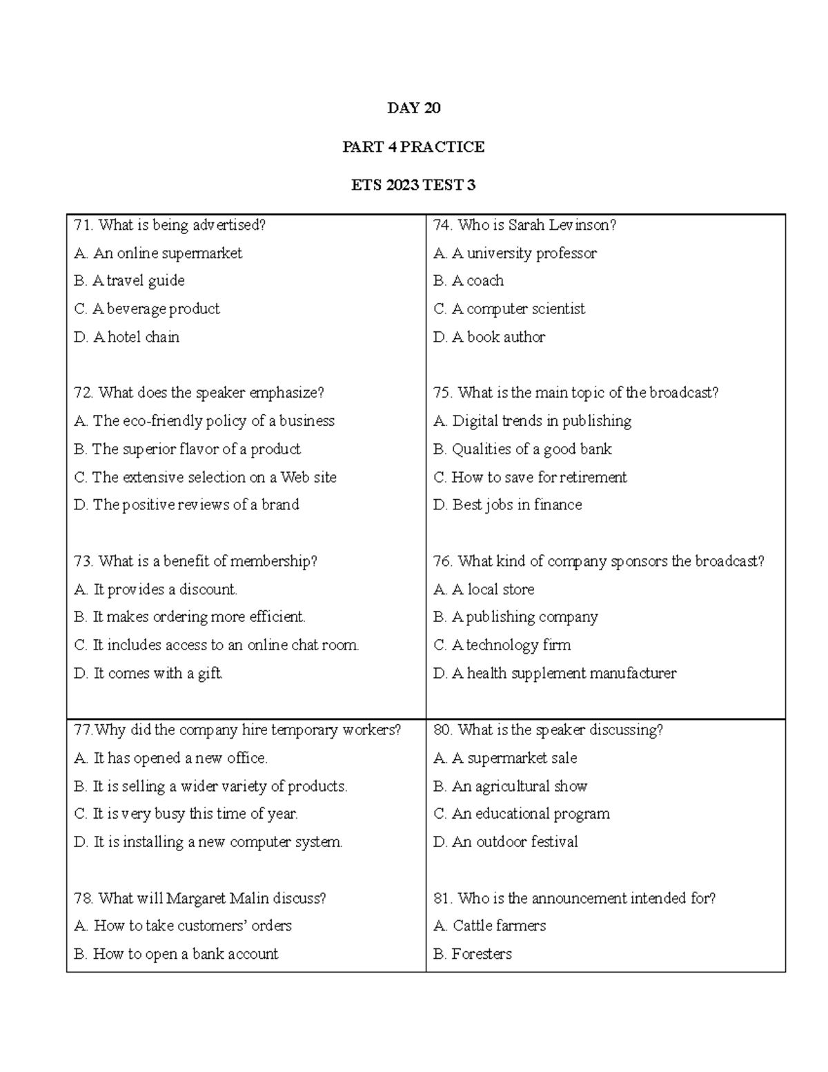 DAY 20 Listening Practice P4 - ETS 2023 Test Questions - Studocu