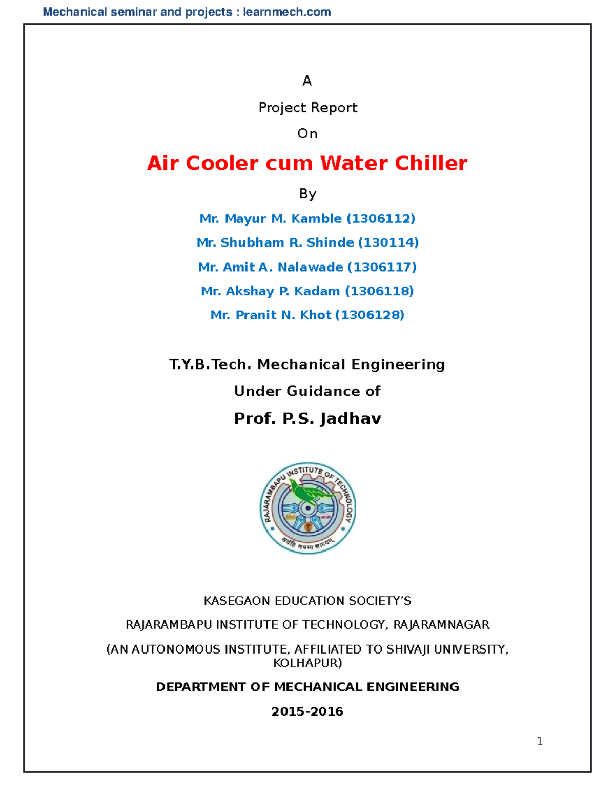 Project Report on Air Cooler cum Water Chiller (T.Y.B.Tech ME) - Studocu
