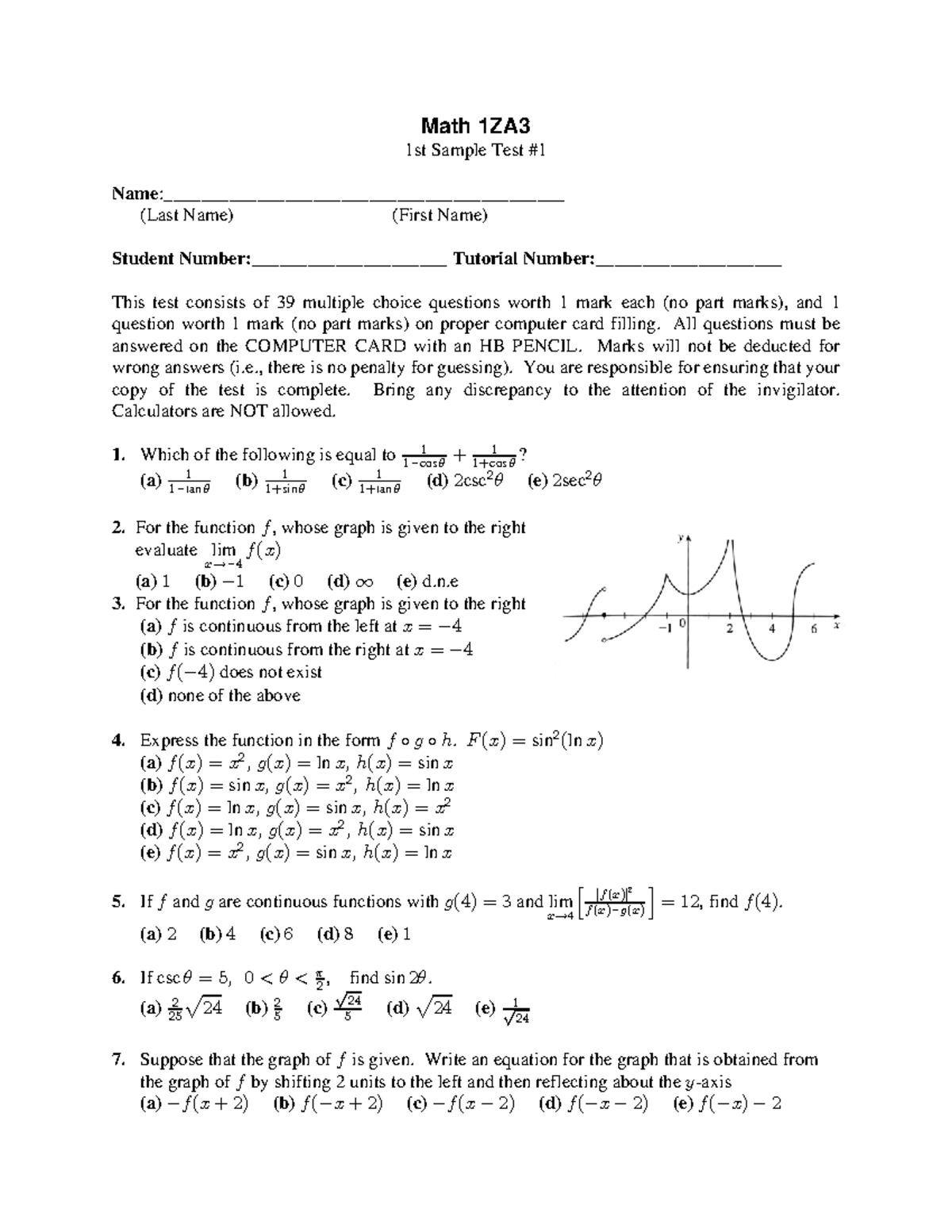 Math 1ZA3 1st Sample Test Answers and Guidelines - Studocu