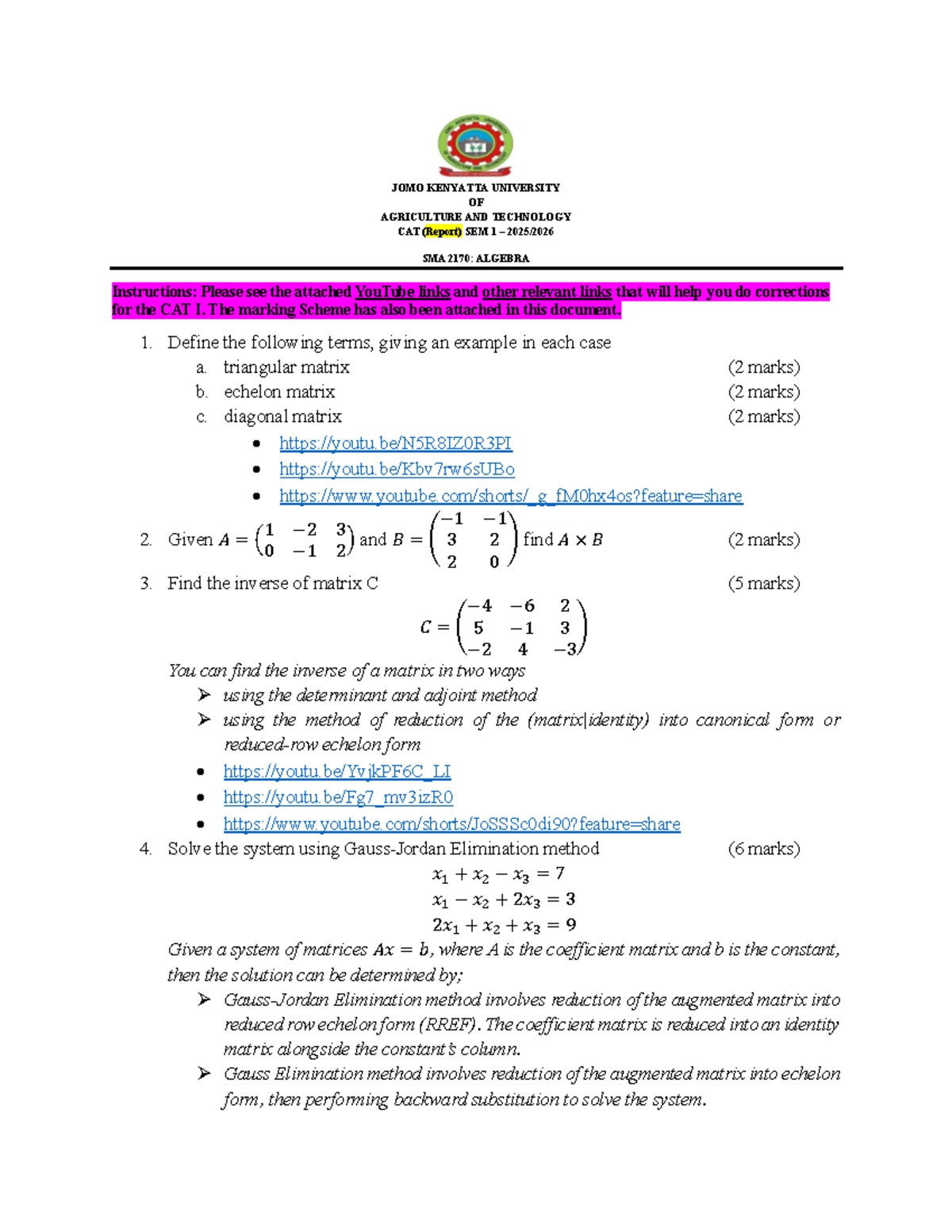 SMA 2170 CAT Report: Algebra Concepts and Matrix Solutions - Studocu
