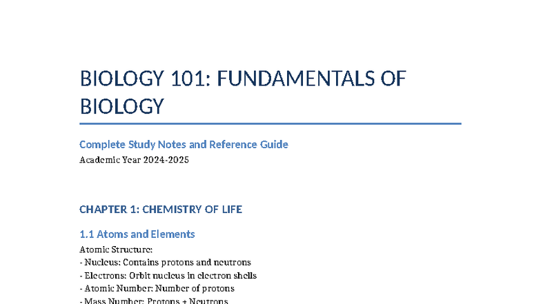 BIOLOGY 101: CHAPTER 1 - CHEMISTRY OF LIFE Study Notes - Studocu