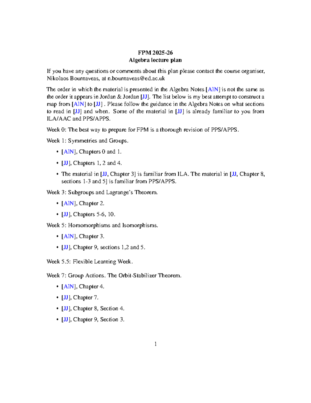 FPM Algebra Lecture Plan: Course Structure and Reading Guide - Studocu