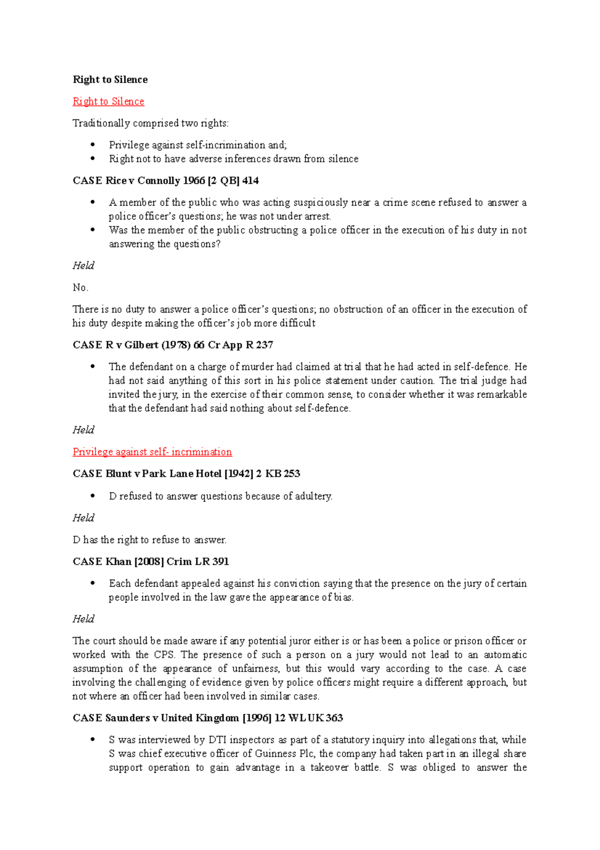 Right to Silence Overview and Important Legal Cases - L28 - Studocu
