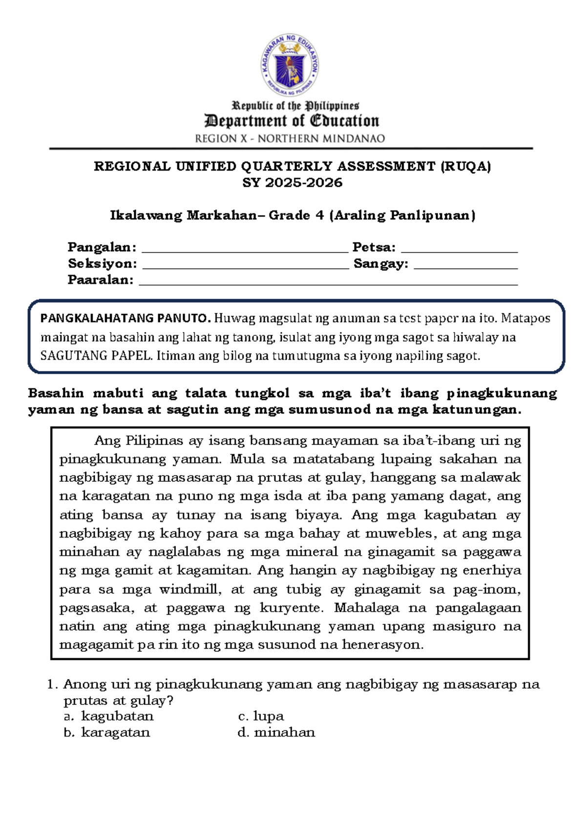 AP G4 Regional Unified Quarterly Assessment (RUQA) 2025-26 - Studocu