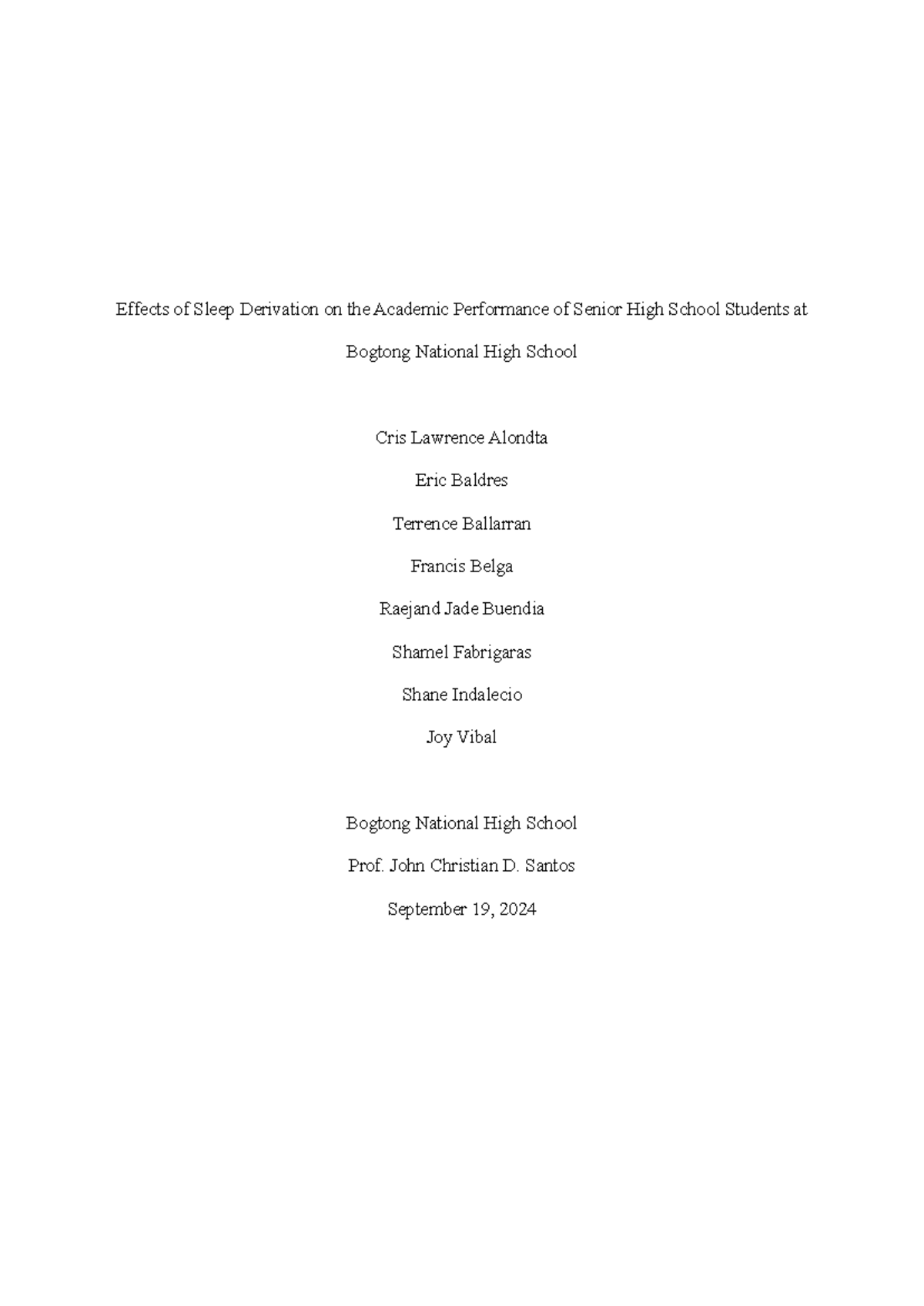 Effects of Sleep Deprivation on SHS Academic Performance at BNHS - Studocu