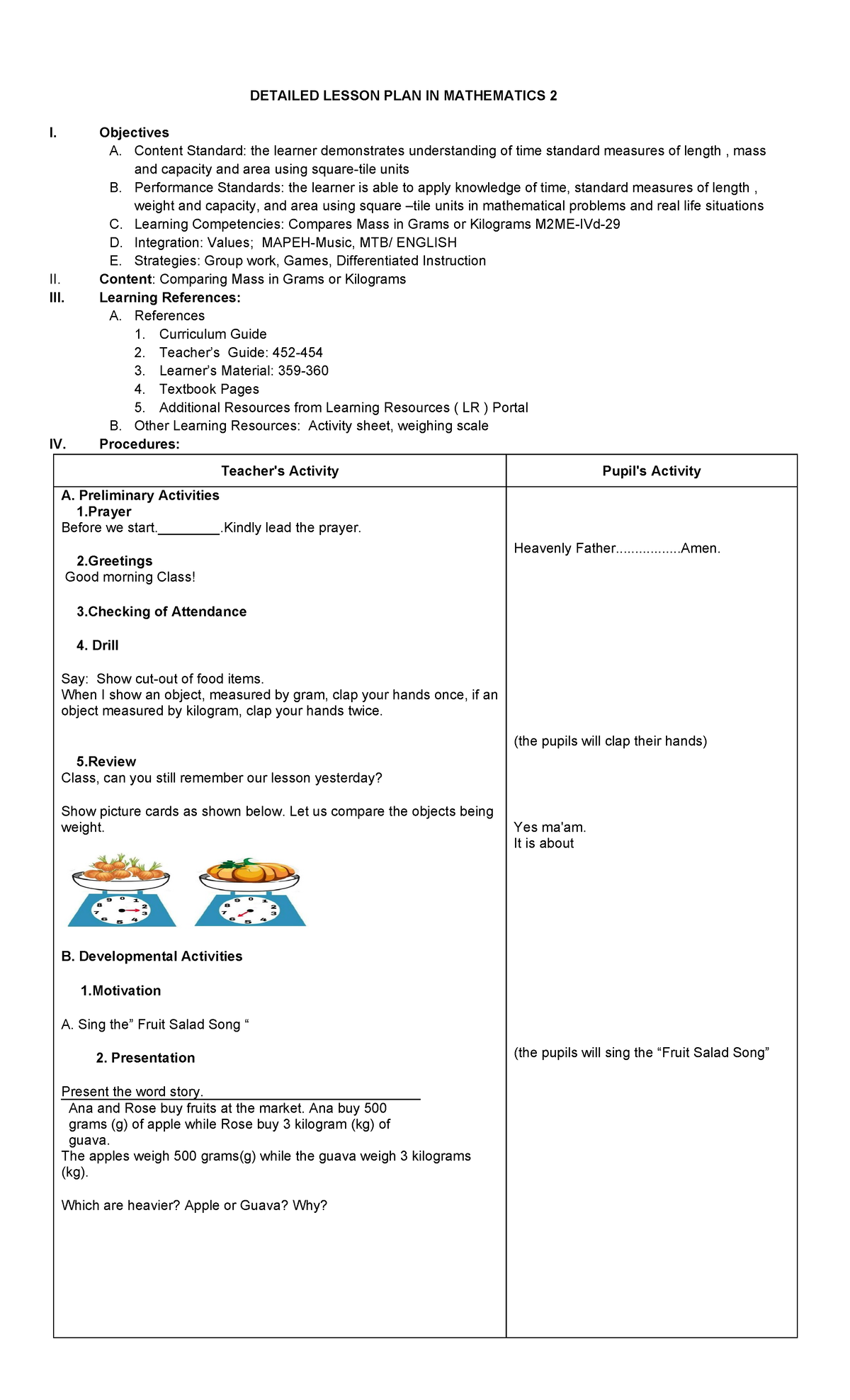 DLP: Detailed Lesson Plan for Mathematics 2 on Comparing Mass - Studocu