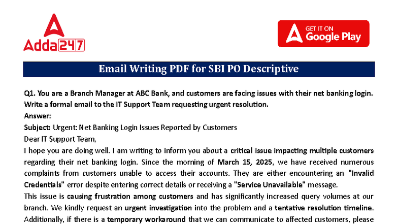 Email Writing - SBI PO Descriptive Q1: Formal Email Examples - Studocu