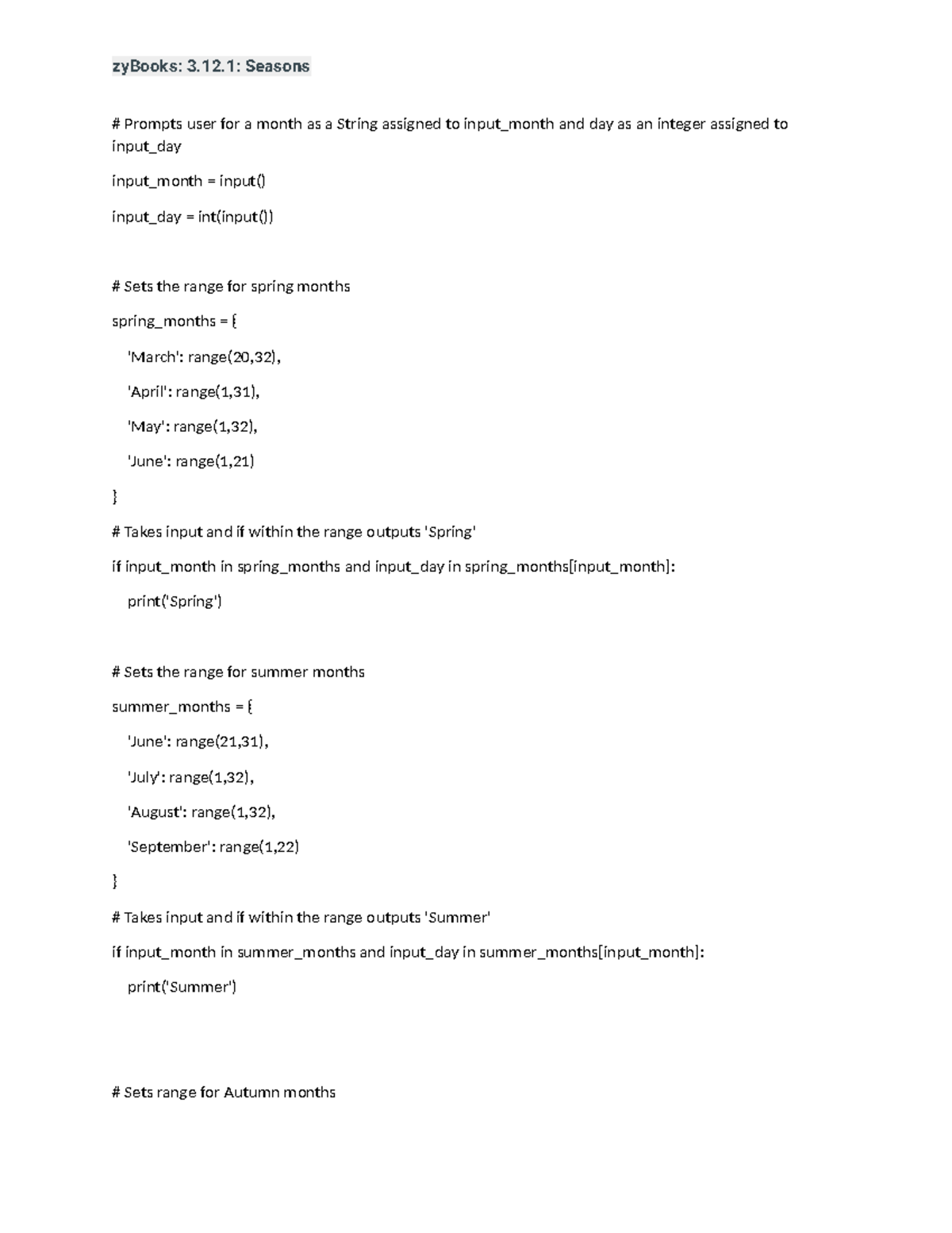 ZyBooks 3.12.1 Seasons - Code Implementation and Analysis - Studocu