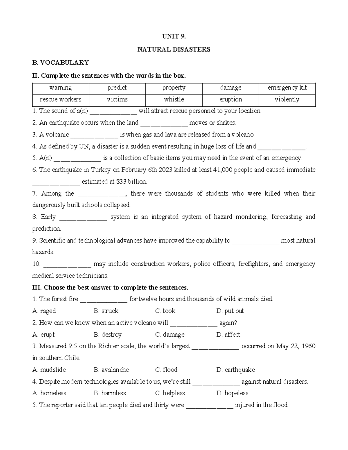 UNIT 9: NATURAL DISASTERS - VOCABULARY & GRAMMAR EXERCISES - Studocu