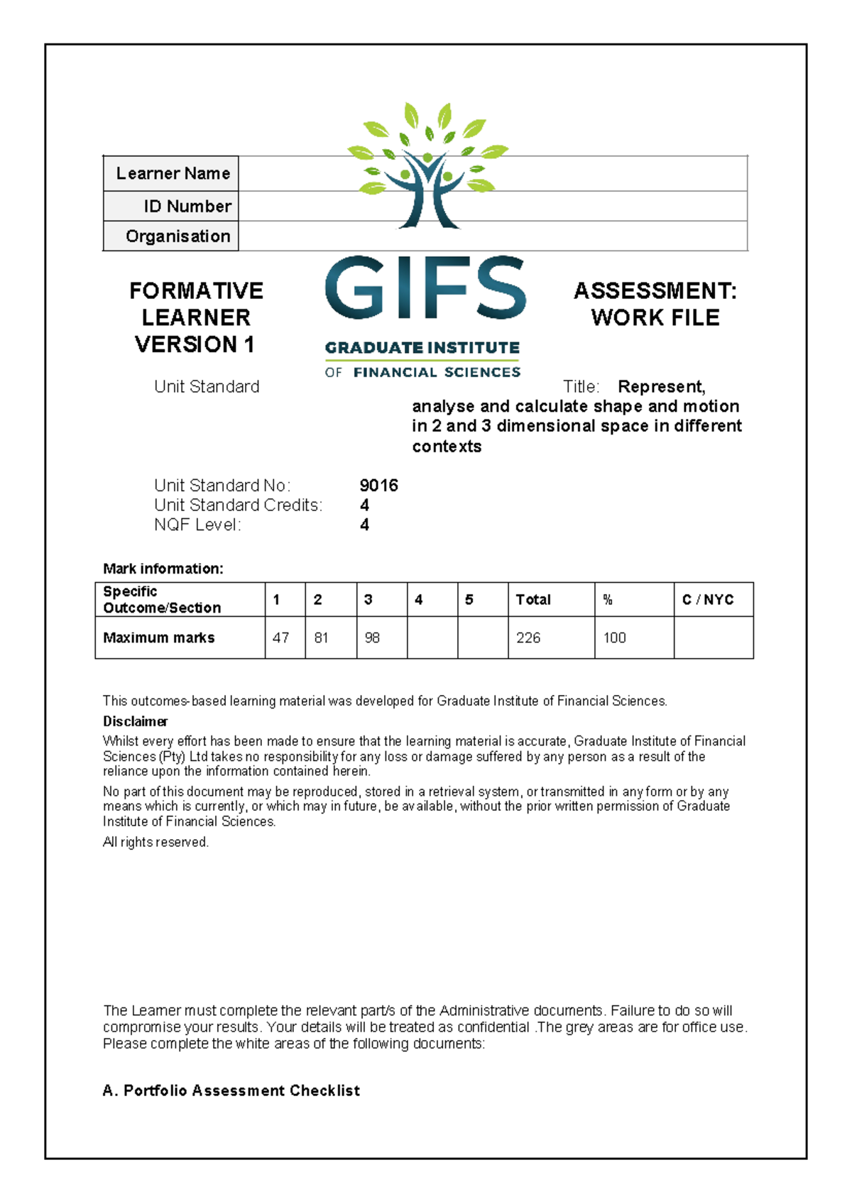 Formative Assessment Learner Work File - Unit Standard 9016 V1 - Studocu