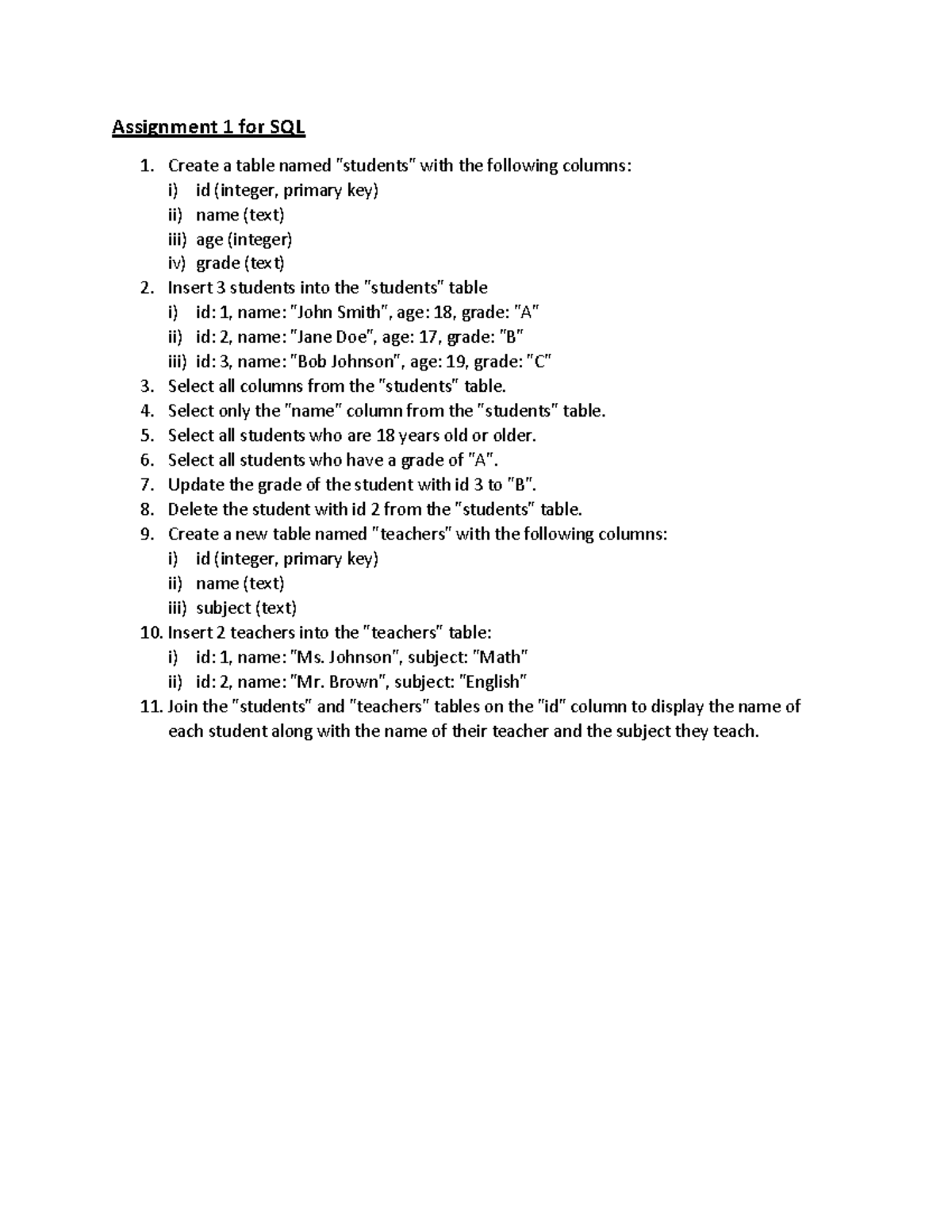 SQL Assignment: Table Creation, Queries, and Joins Instructions - Studocu