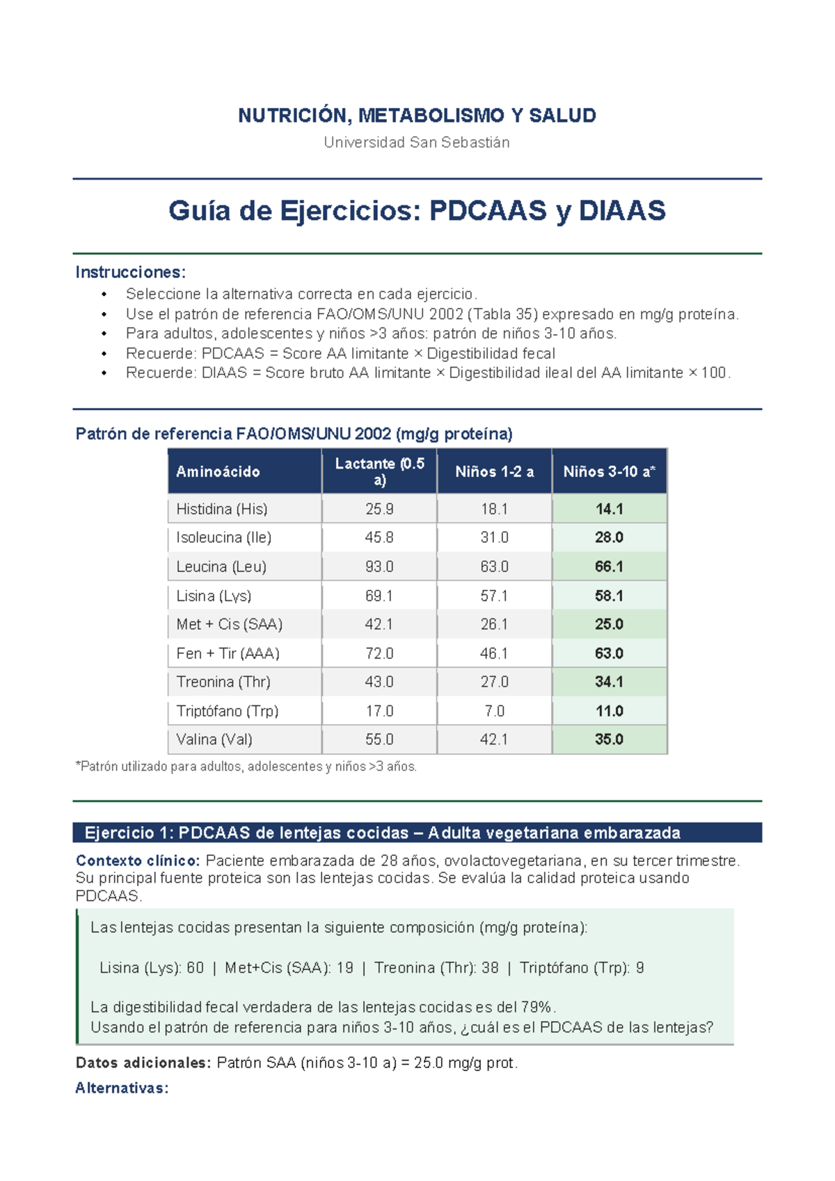 Guía de Ejercicios: PDCAAS y DIAAS - Nutrición - Studocu