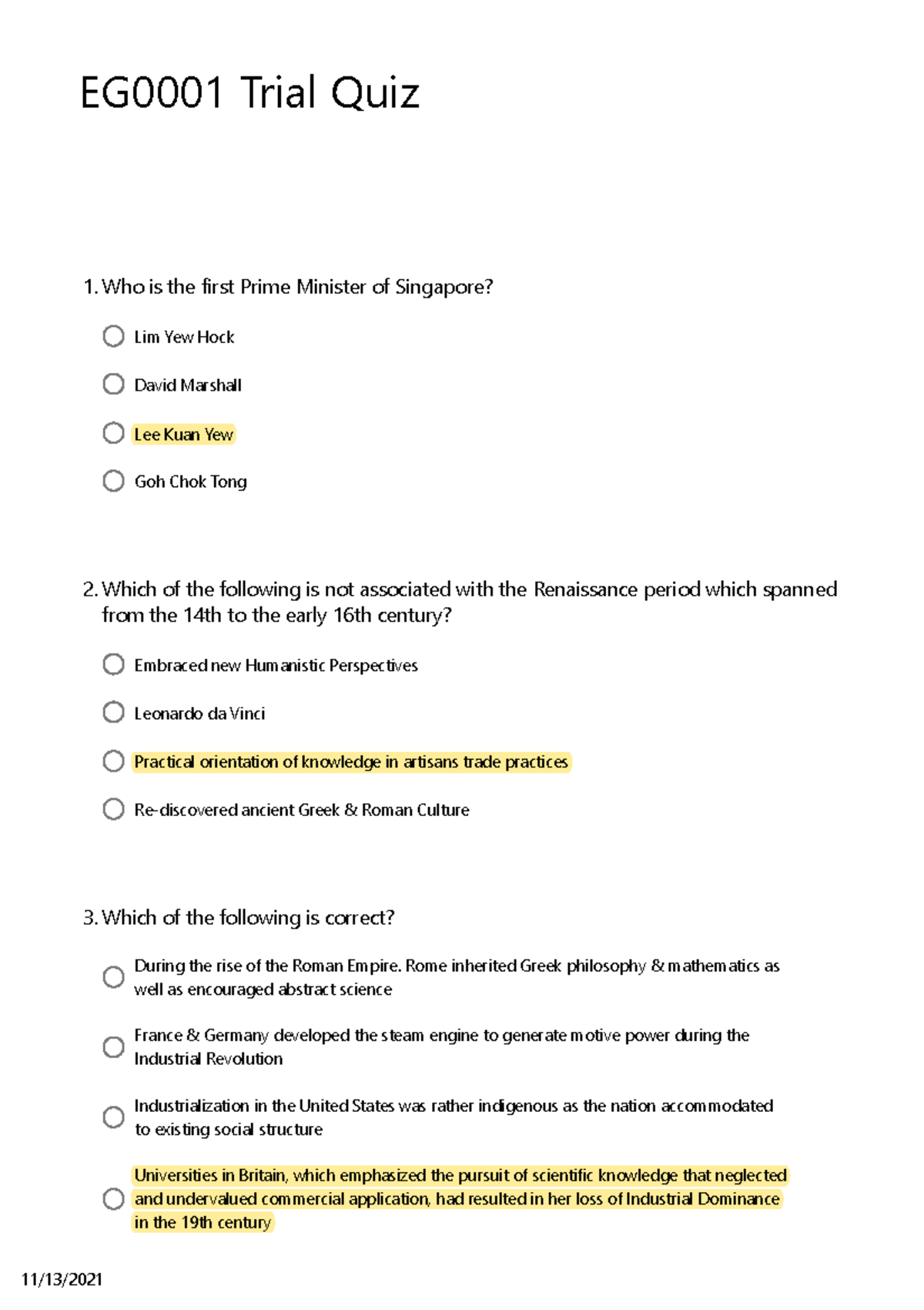 EG0001 Trial Quiz 1: Key Questions on Singapore's History and ...