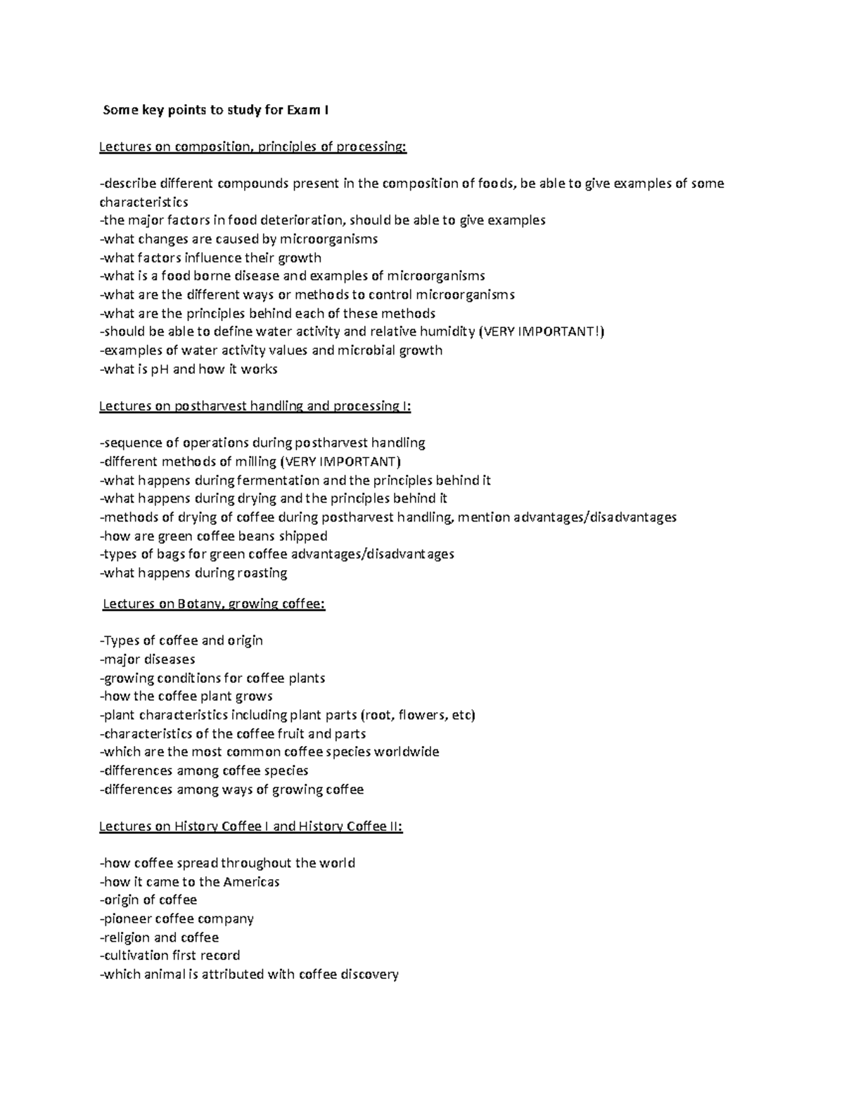 Study Guide for Exam I: Food Science & Coffee Cultivation - Studocu