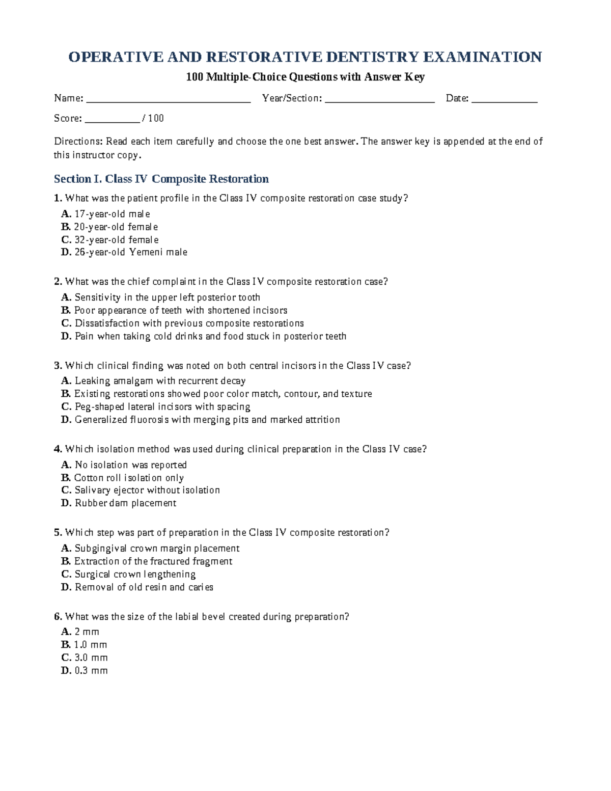 Operative & Restorative Dentistry Exam: 100 Qs with Answer Key - Studocu