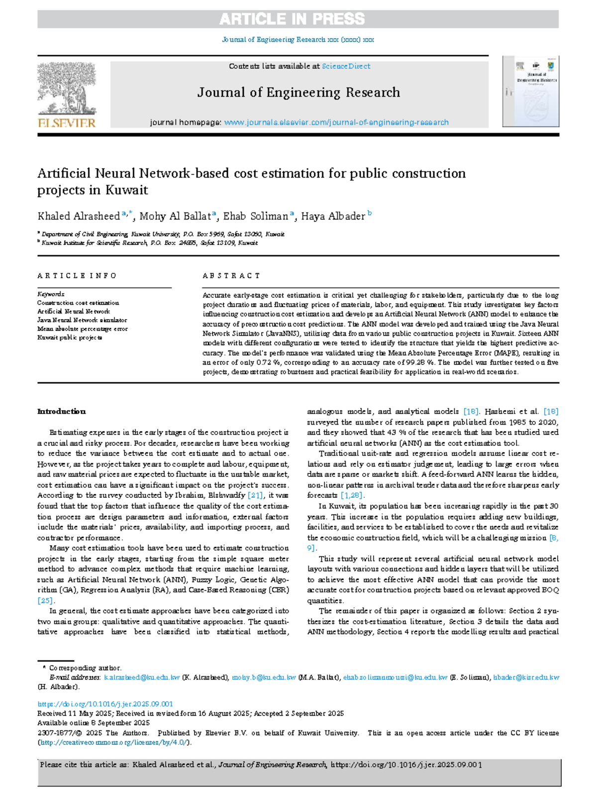 Artificial Neural Network Cost Estimation for Public Projects in Kuwait ...