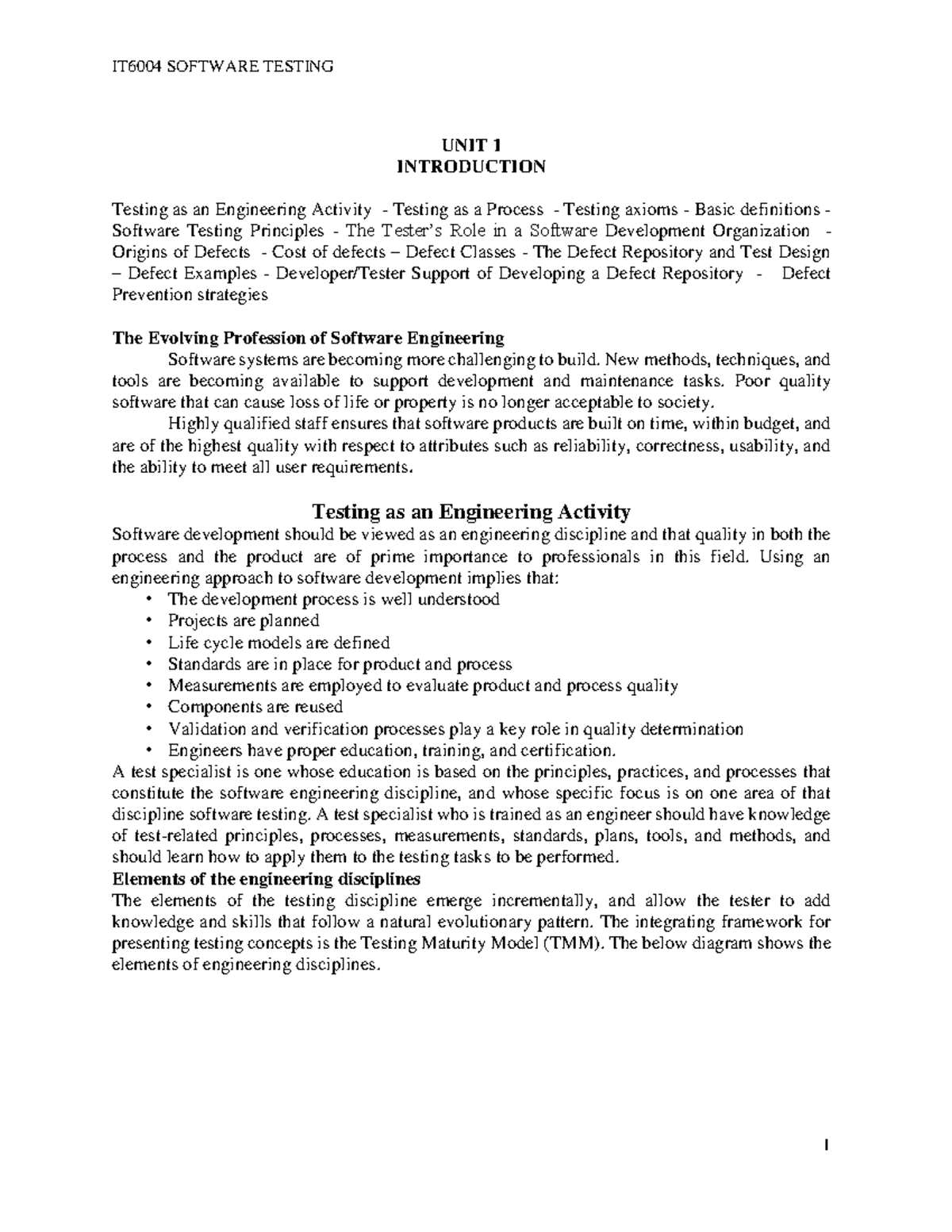 IT6004 SOFTWARE TESTING UNIT 1: Introduction to Testing Principles and ...