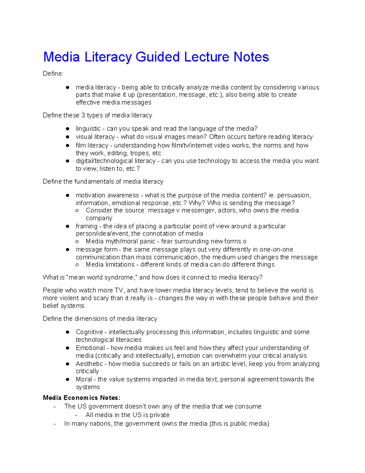 Media Literacy Lecture Notes and Economic Implications - Course Code ...