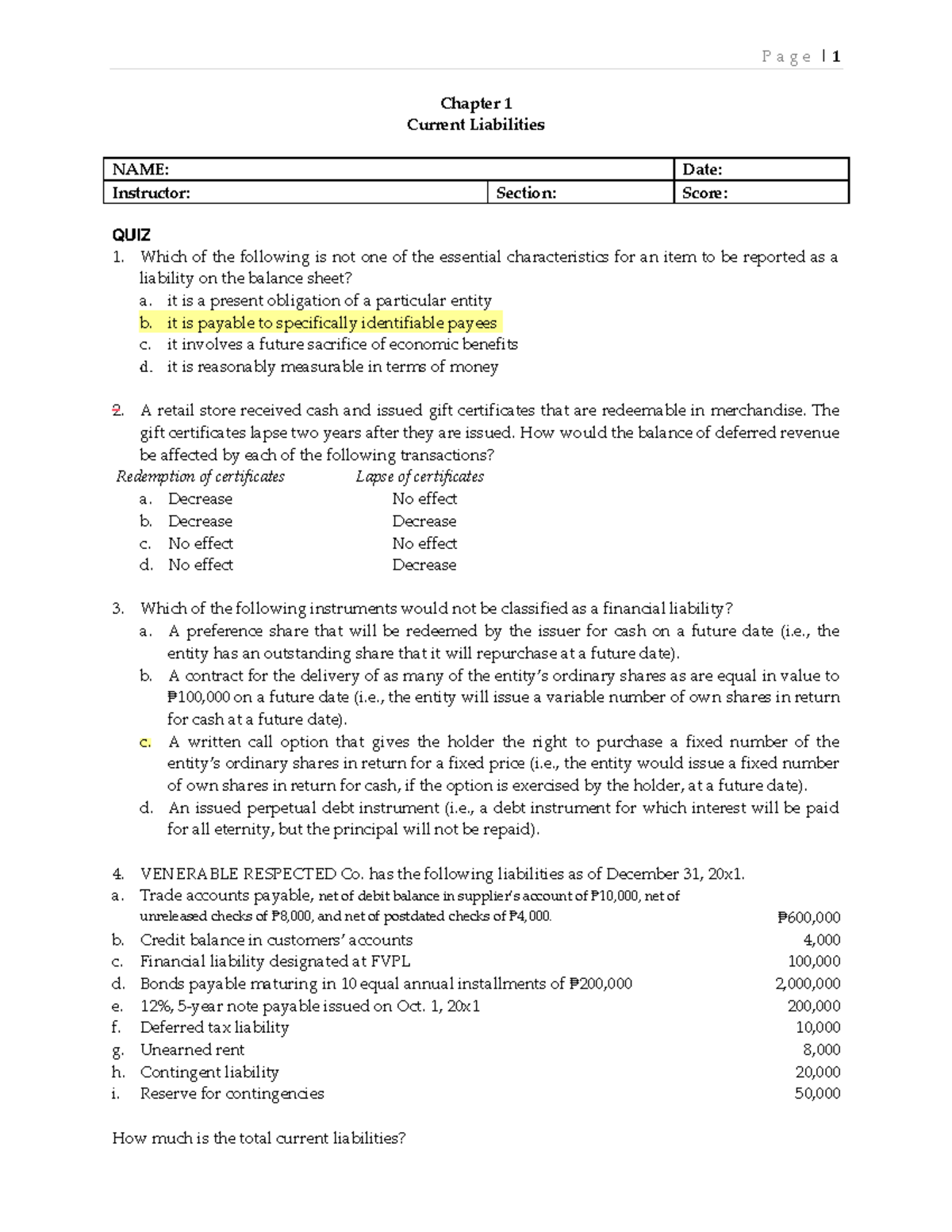 Current Liabilities Quiz (Course Code: ACC101) - Chapter 1 Review - Studocu