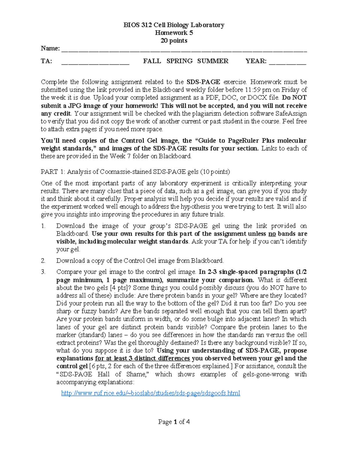 BIOS 312 Cell Biology Lab Homework 5: Gel Analysis & Figure Prep - Studocu