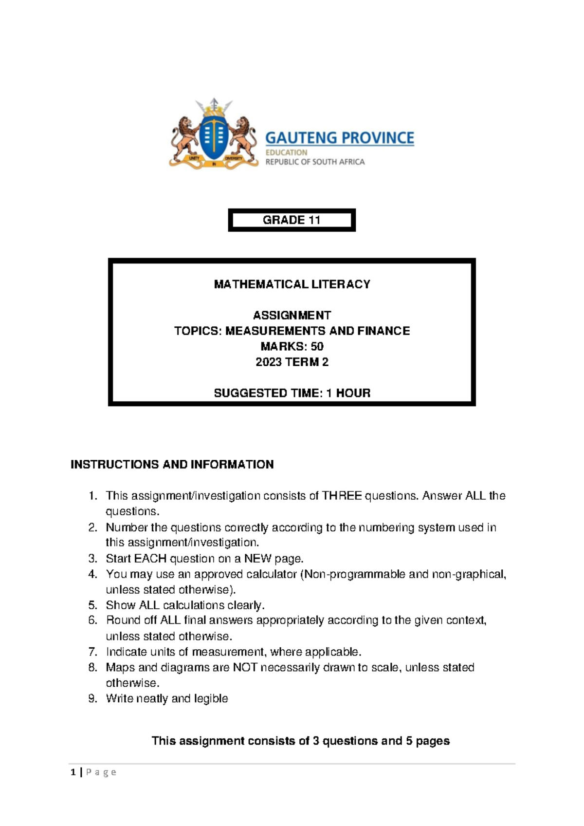 Math Lit Grade 11 Term 2 Assignment: Measurements & Finance QP 2023 ...