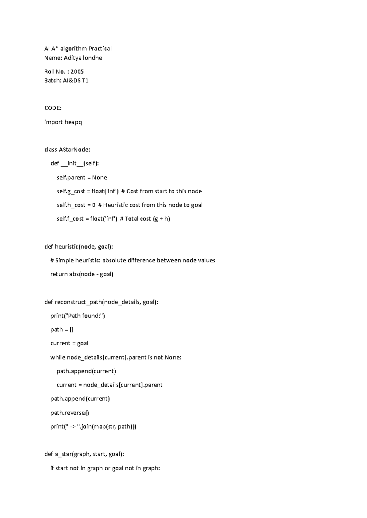 AI A star Practica 1[2024] - AI A* algorithm Practical Name: Aditya ...