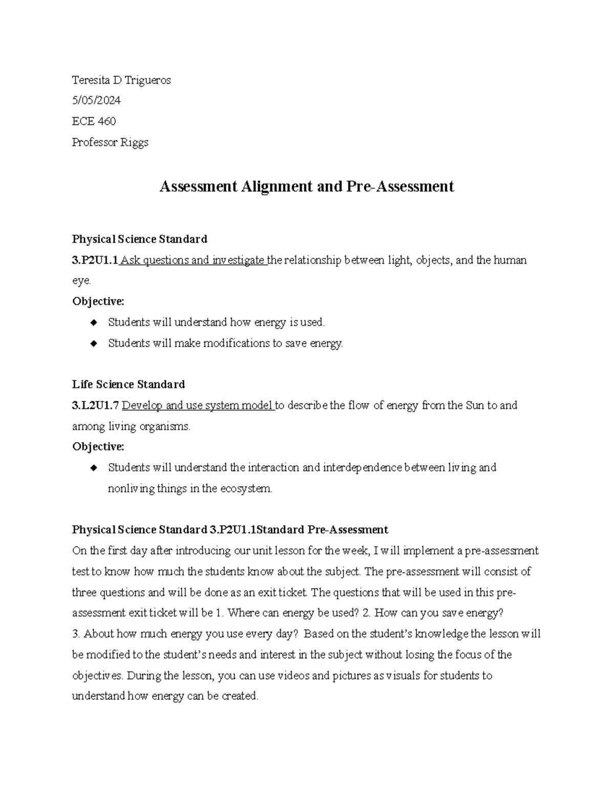 Assessment Alignment and Pre-Assessment - Teresita D Trigueros 5/05 ...