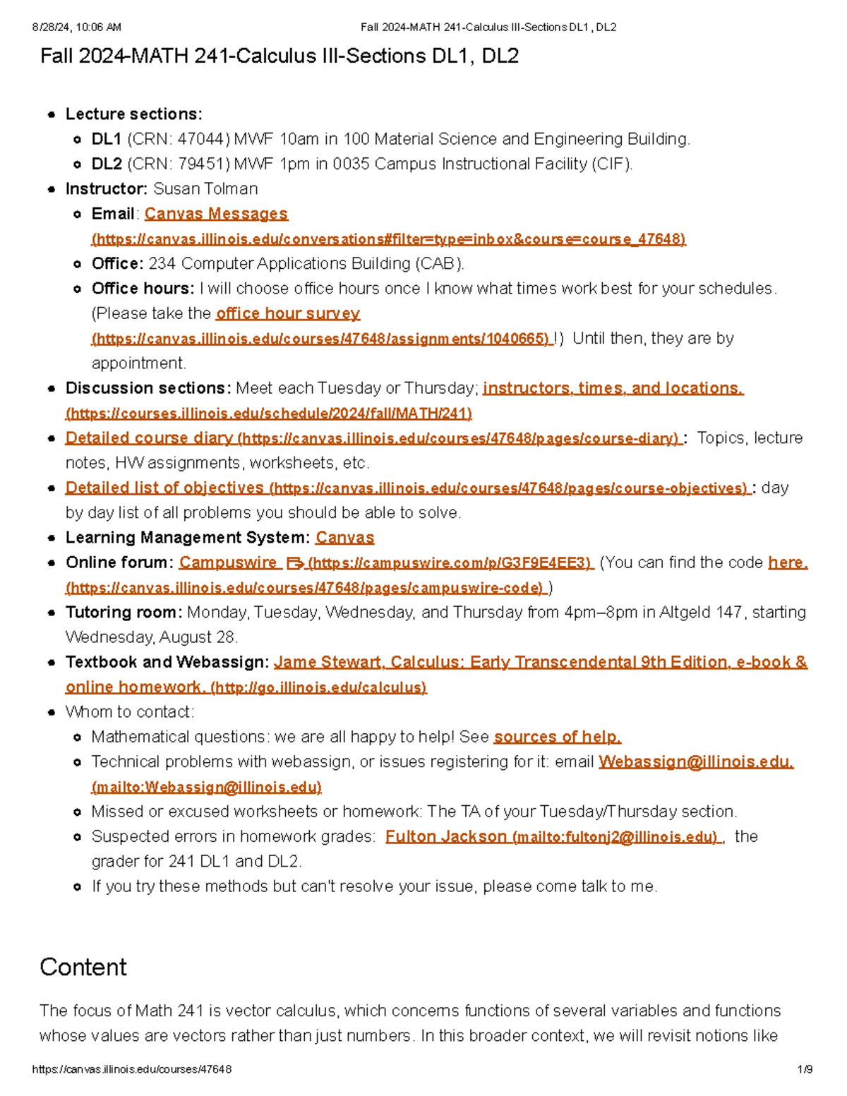 Syllabus for MATH241 Calculus III - Fall 2024 Overview - Studocu