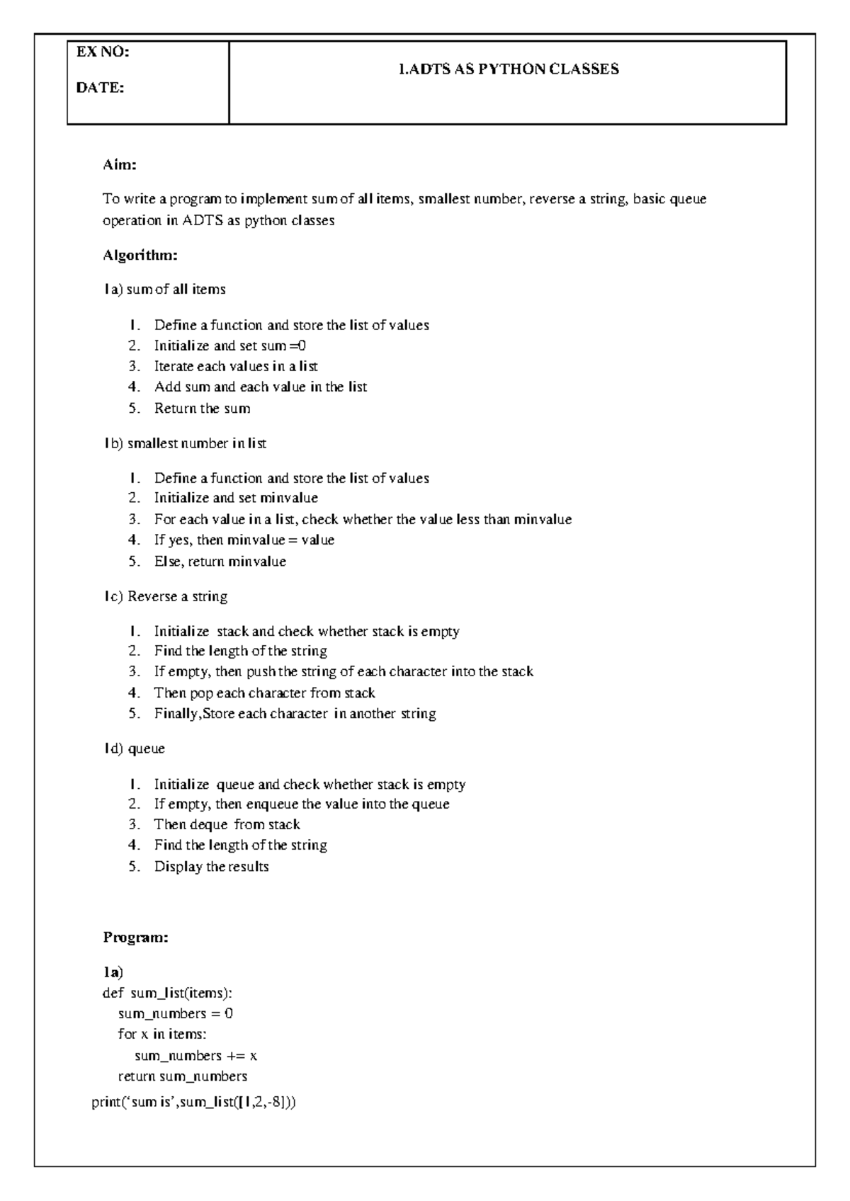 CD3281 DSA LAB Manual: Implementing ADTs with Python Classes - Studocu