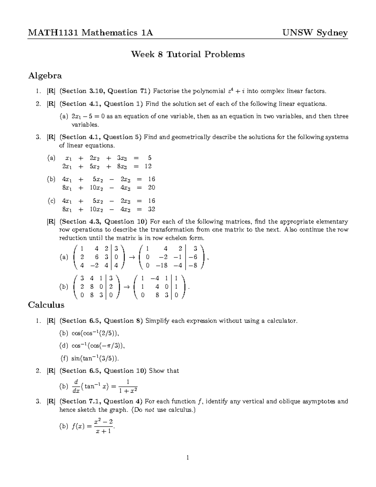 MATH1131 Week 8 Recommended Problems: Algebra & Calculus - Studocu