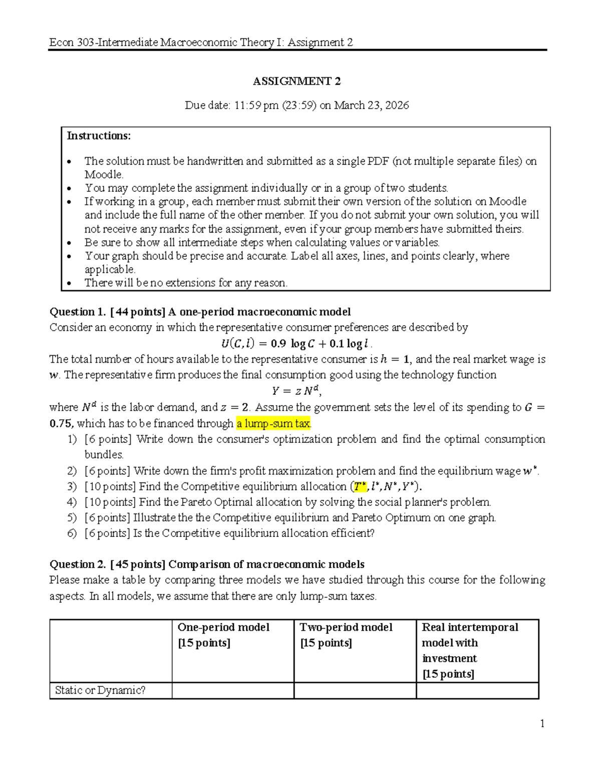 ECON303K Macroeconomic Theory I: Assignment 2 Overview 2026 - Studocu