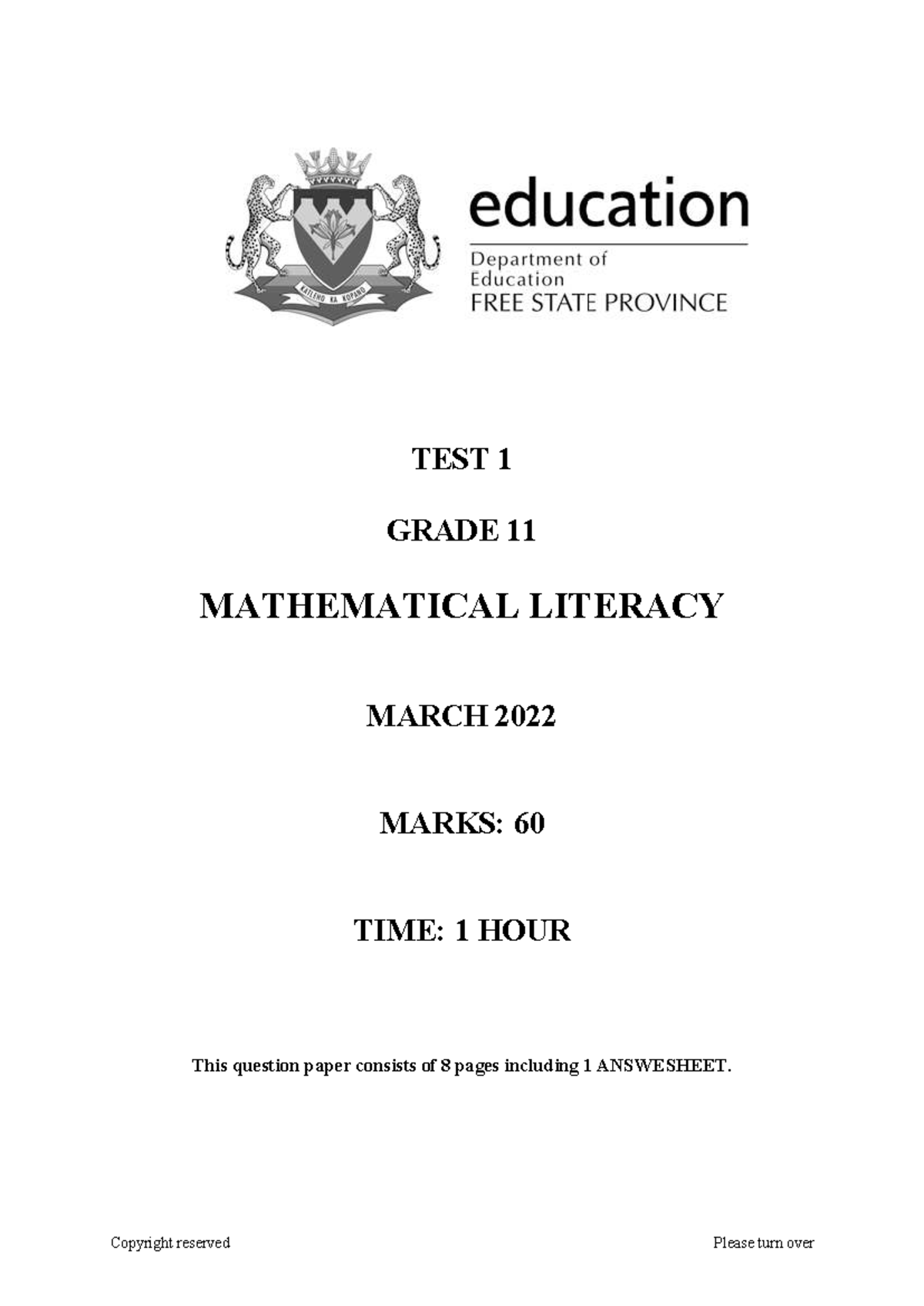 Mathematical Literacy Grade 11 Term 1 Test 1 March 2022 - Studocu