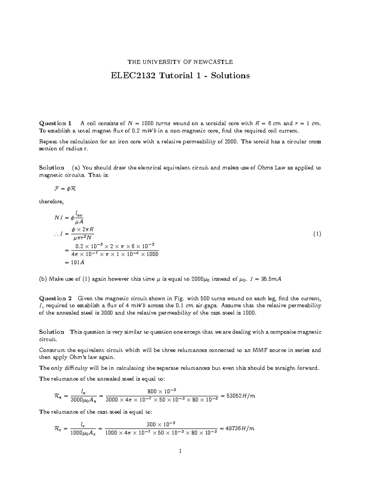 ELEC2132 Tutorial 1 Solutions: Magnetic Circuit Analysis and ...