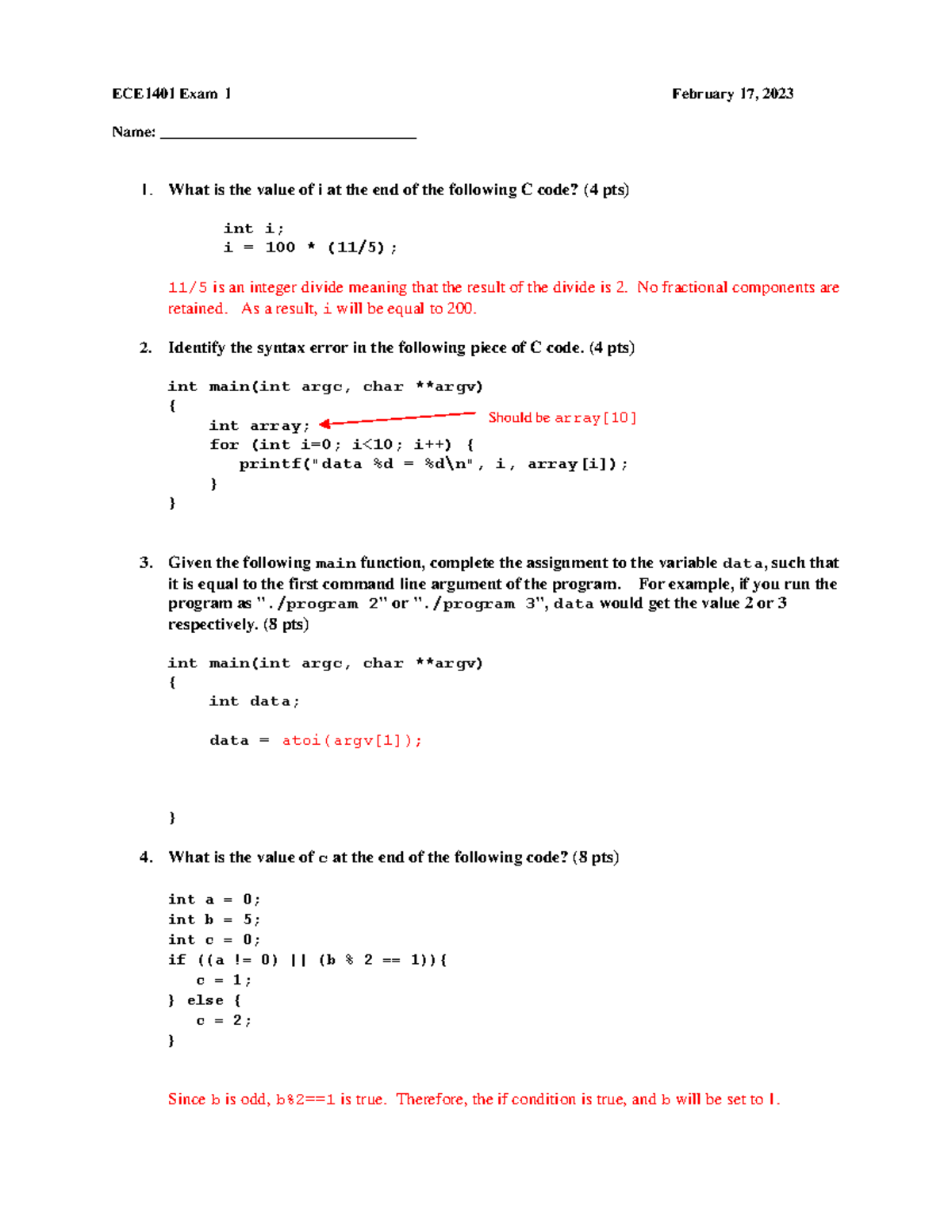 ECE1401 S23 Exam 1 Solutions with Detailed C Code Analysis - Studocu