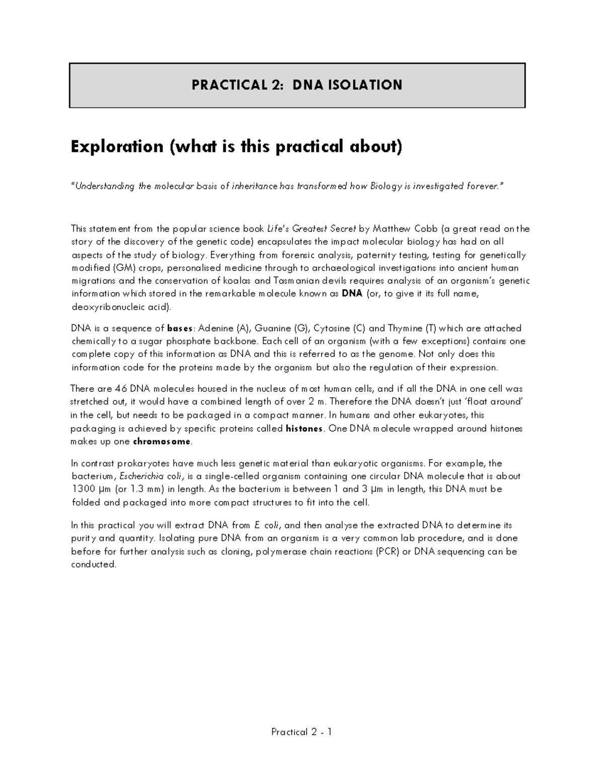 [Final] BIOL1X07 Practical 2: DNA Isolation & Analysis Manual 2024 ...