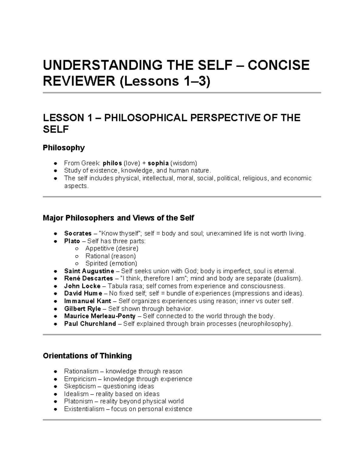 PHIL 101: Understanding the Self - Concise Reviewer (Lessons 1 & 2 ...