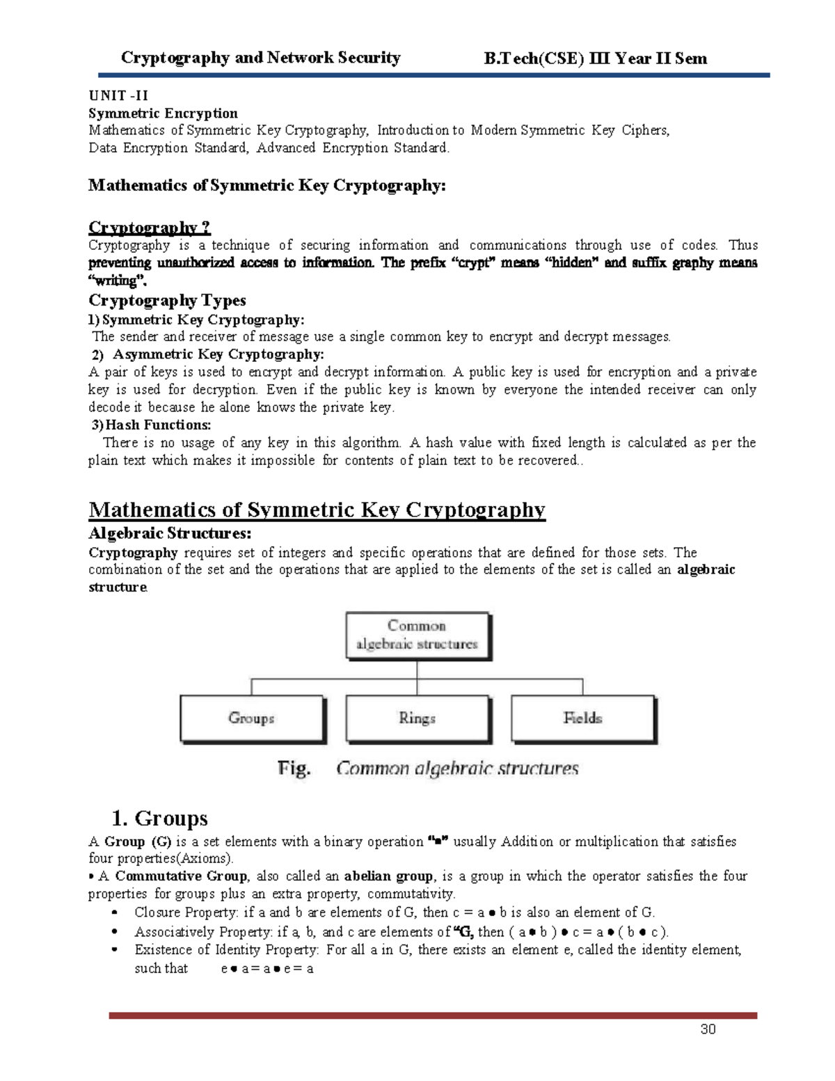 CNS - Unit 2 - Notes on Symmetric Key Cryptography and Ciphers - Studocu