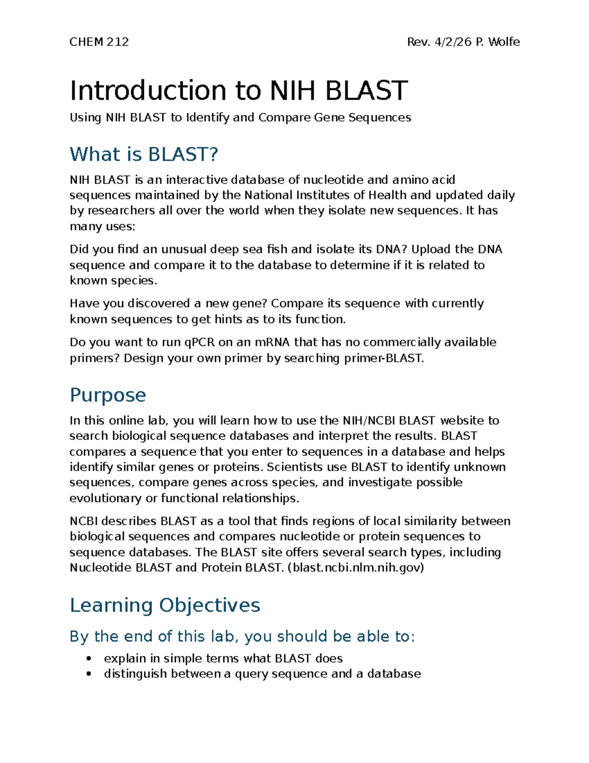CHEM 212 Final Exam Lab Worksheet: Introduction to NIH BLAST - Studocu