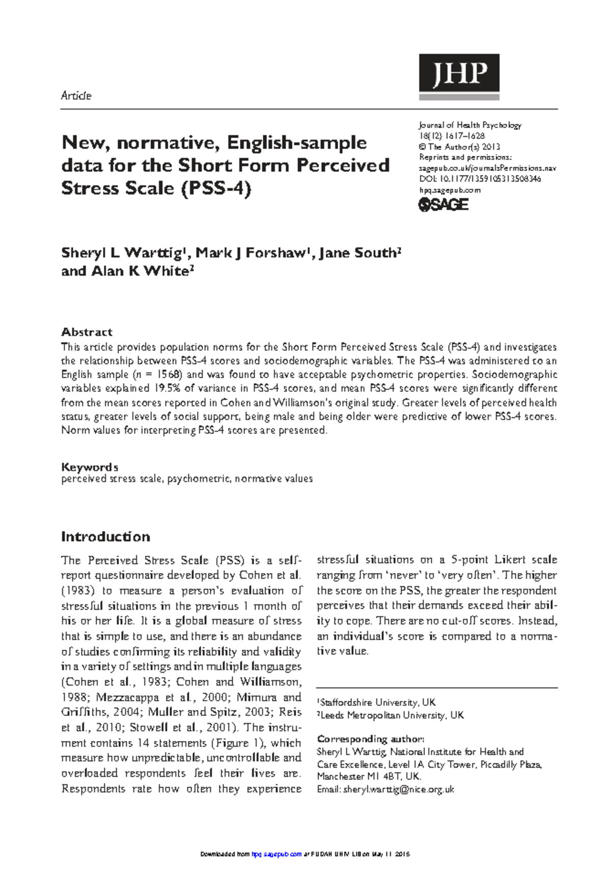 508346 Health Psychology: Normative Data for the Short Form PSS (2013 ...