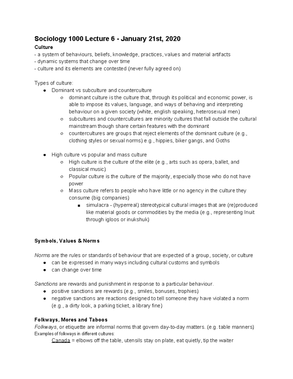 Soci1000 - Week 3 - Lecture Notes on Culture, Symbols & Norms - Studocu