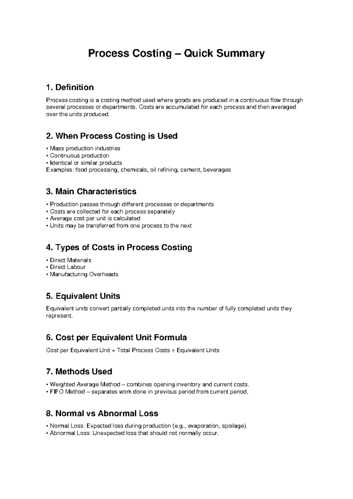 Process Costing Summary: Key Concepts and Methods - Studocu